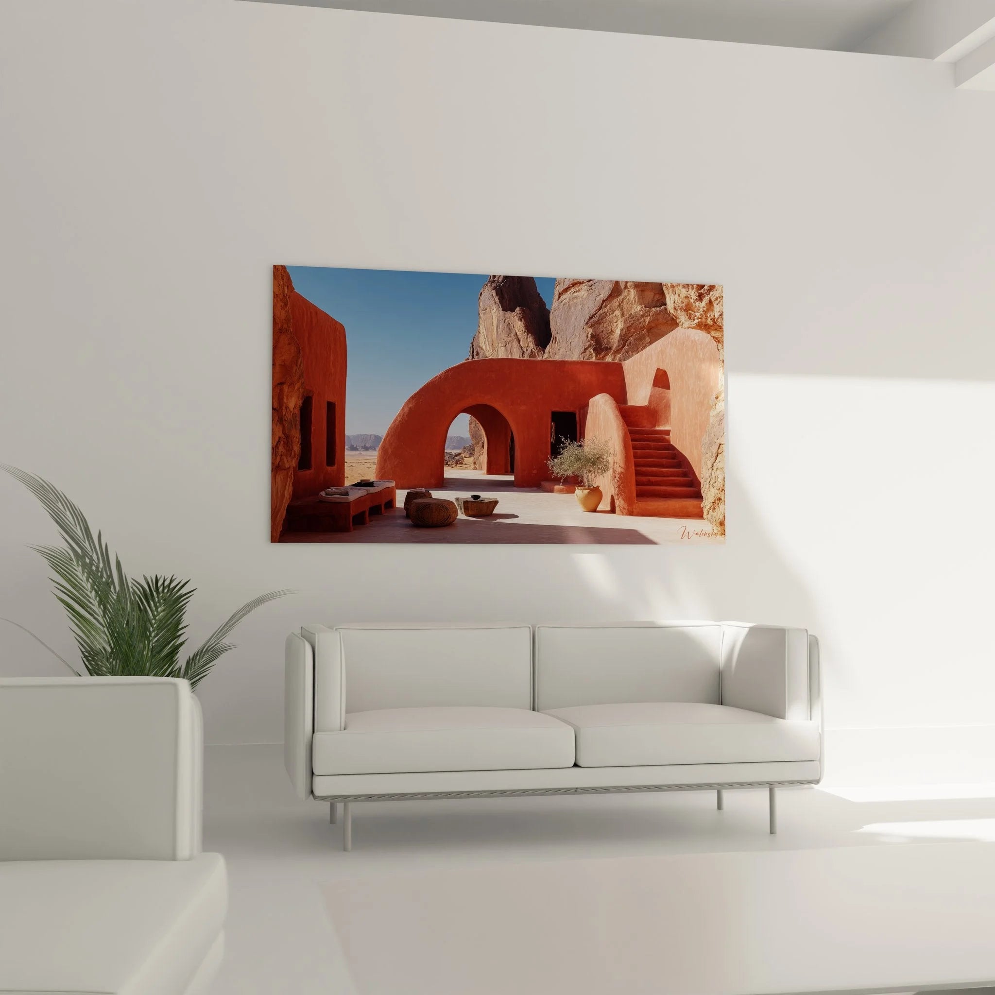 Detailaufnahme der Terra Cotta Architektur mit traditionellen Körben und Keramik im Wüstenambiente