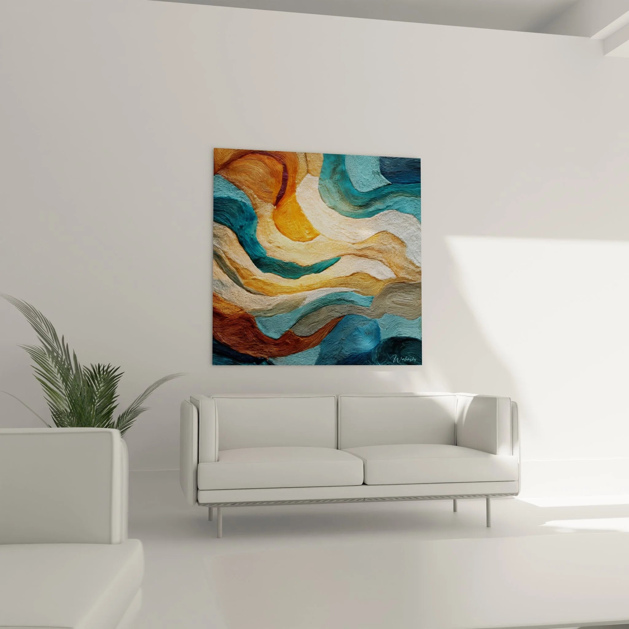 Nahaufnahme Wandbild abstrakte Textur mit sichtbaren Pinselstrichen in Orange und Türkis