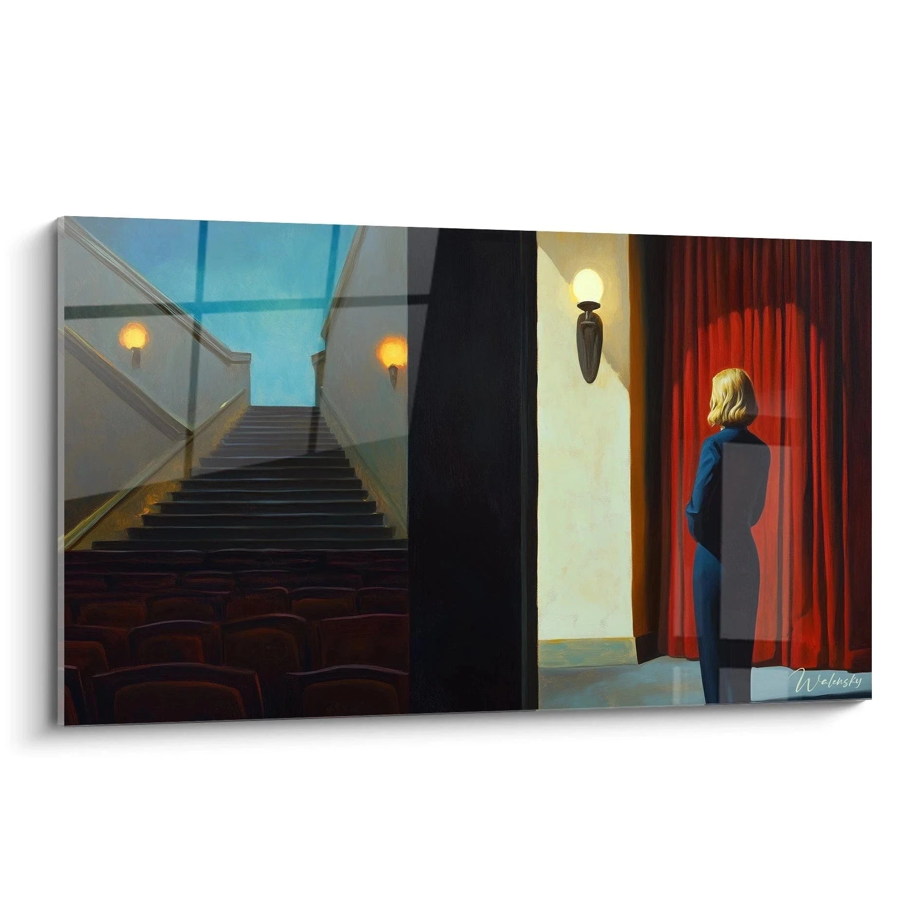 Wandbild Theater Foyer Edward Hopper Stil mit Frau vor rotem Vorhang und eleganter Theaterarchitektur
