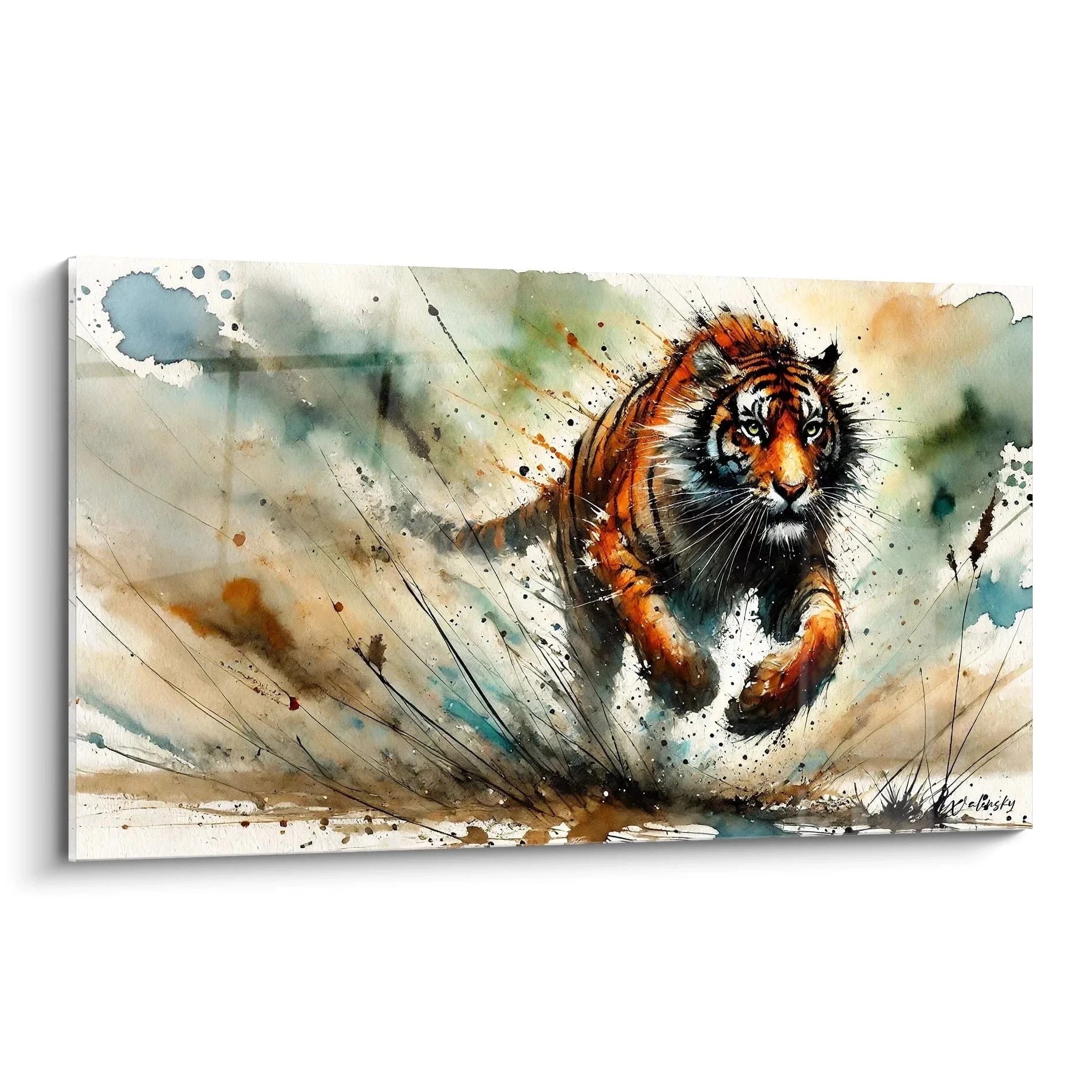 Wandbild Tiger Aquarell Sprung mit dynamischen Farben und kraftvoller Bewegung - Edition Tiger