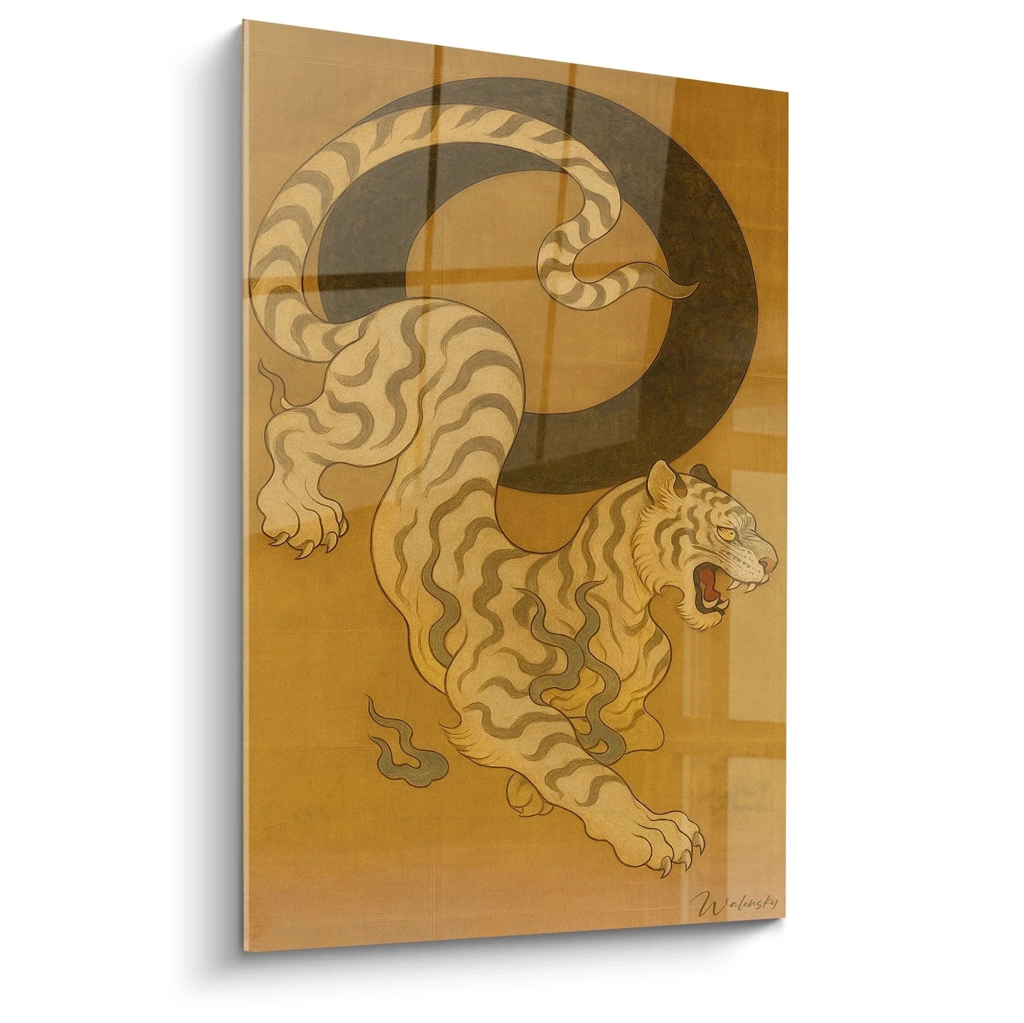 Wandbild Tiger chinesisch golden mit Drachen Motiv auf Leinwand für Wohnzimmer Dekoration