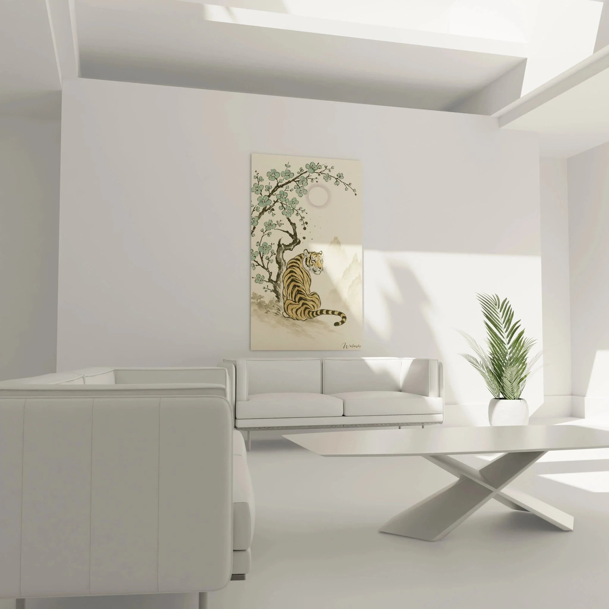 Detailansicht chinesisches Wandbild Tiger mit traditionellen Kirschblüten und Mondschein