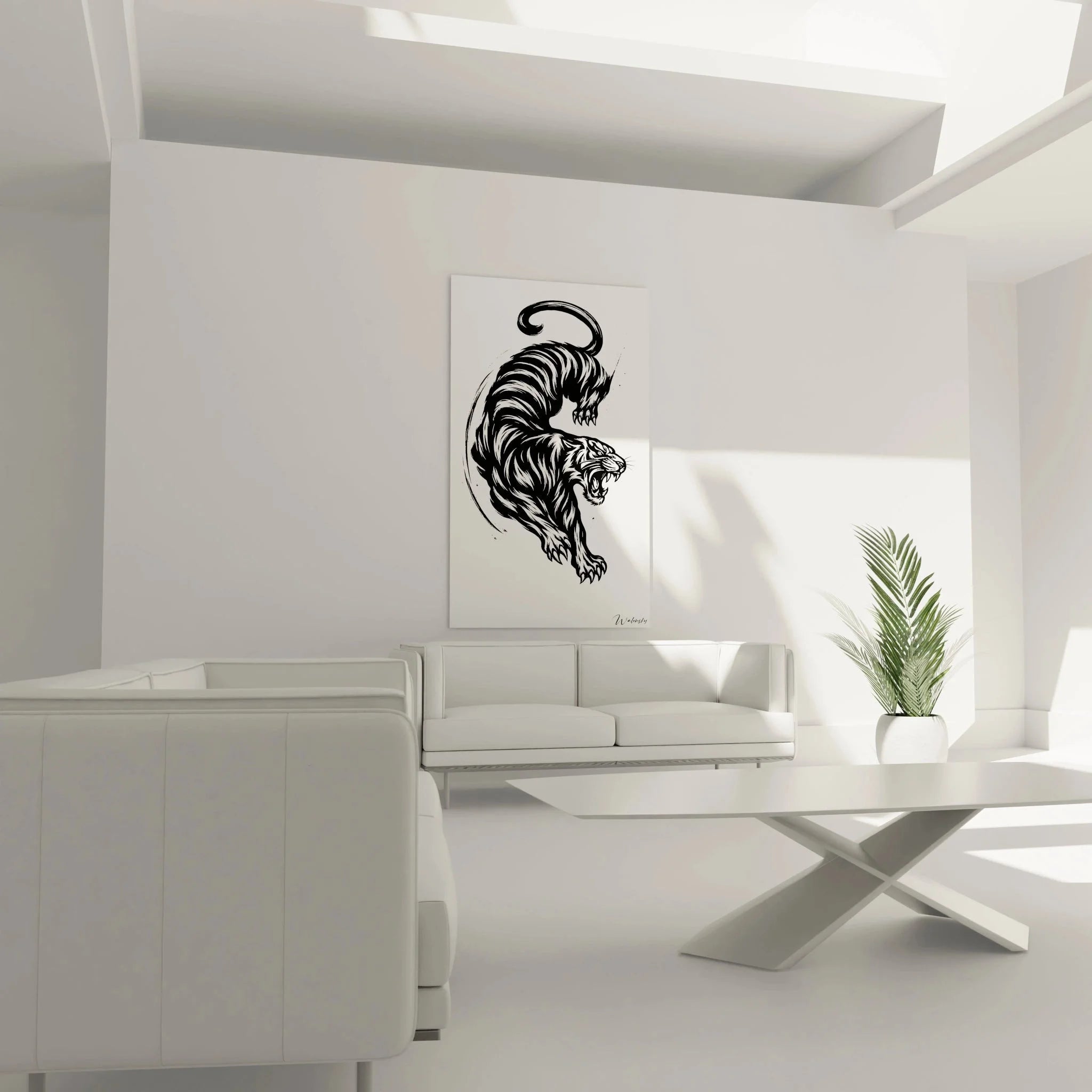 Detailansicht Wandbild Tiger mit präzisen Pinselstrichen, asiatische Kunsttechnik