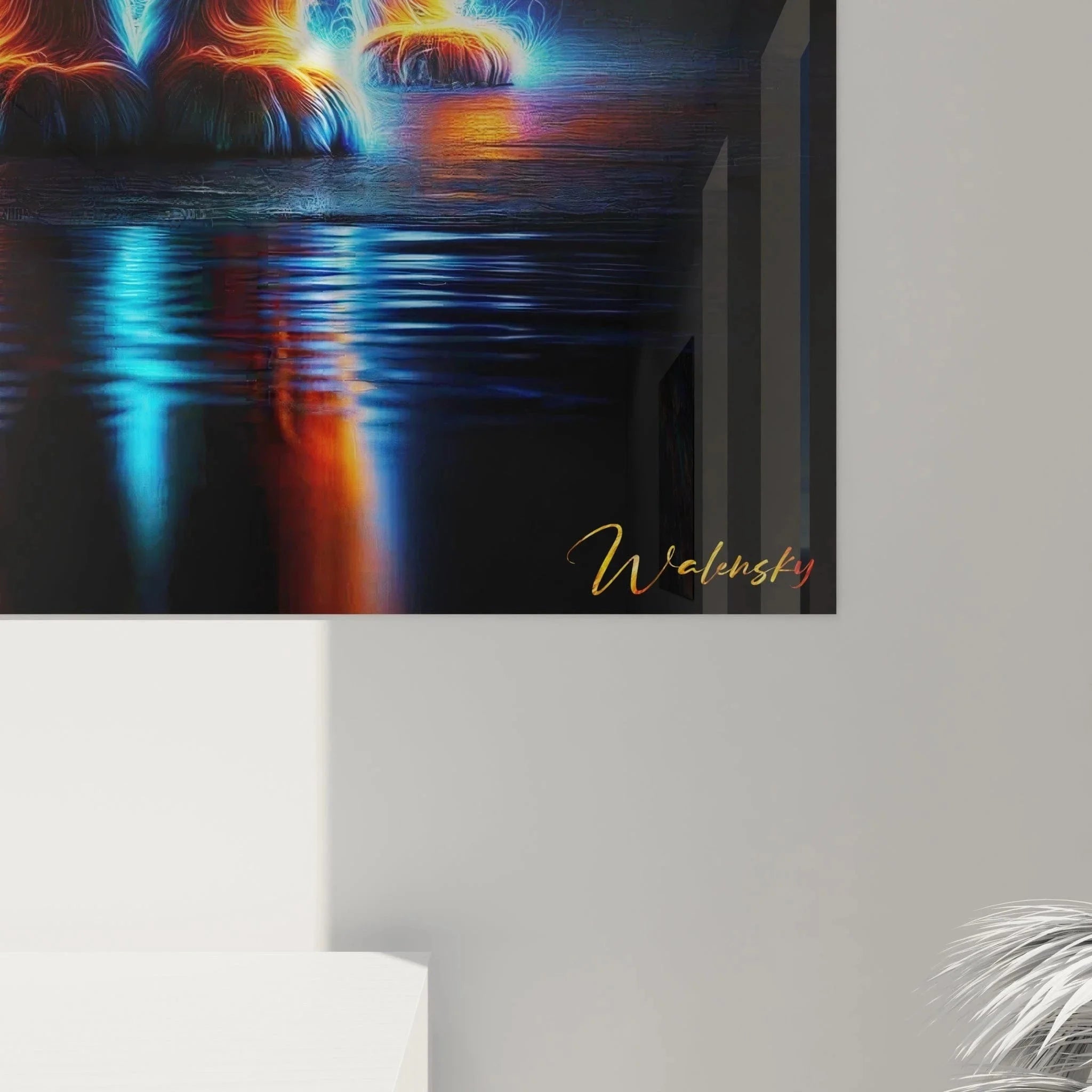 Gesamtansicht Wandbild Tiger Neon Edition mit reflektierendem Boden und Farbspiegelung