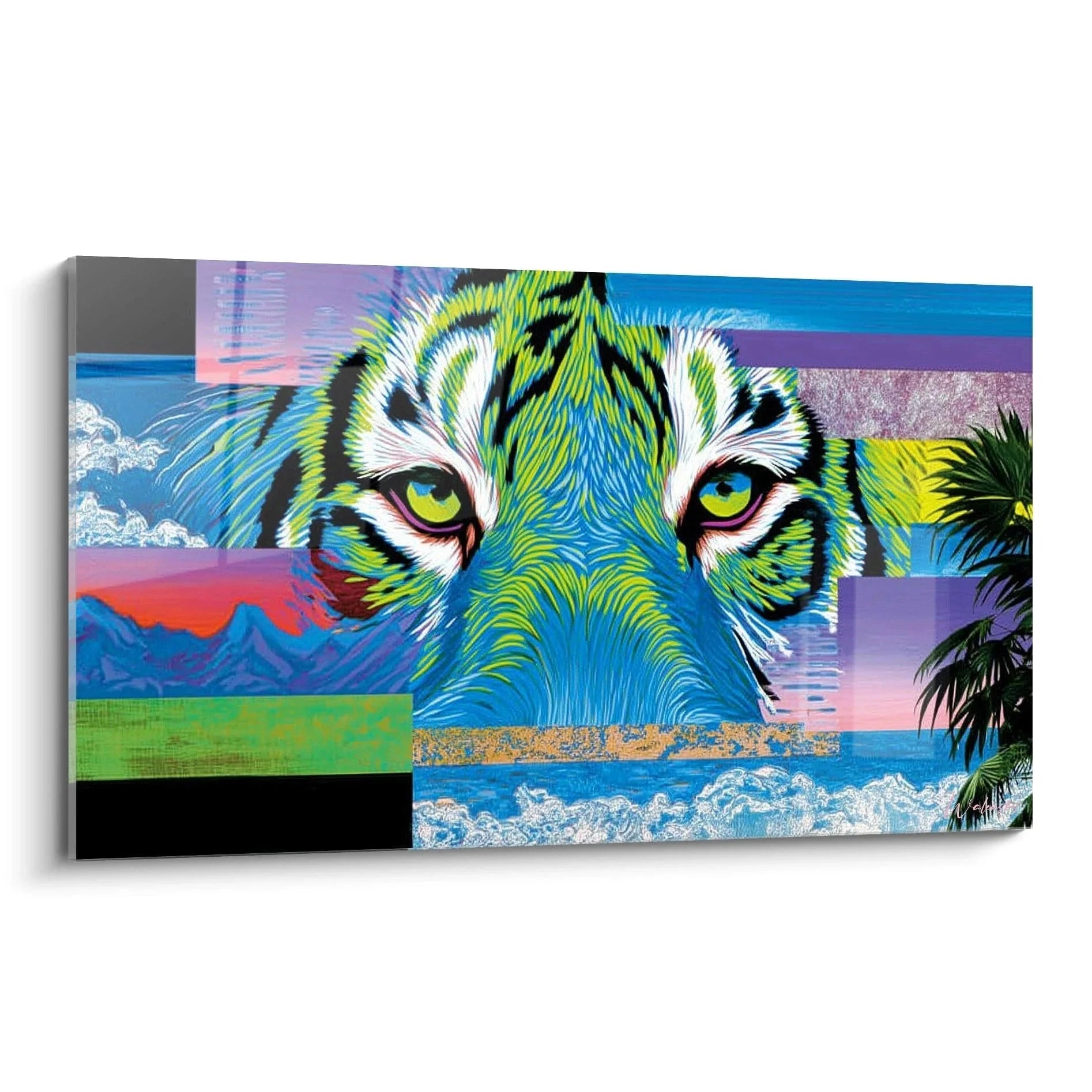 Wandbild Tiger Op Art mit leuchtenden Farben und tropischen Elementen in XXL Format