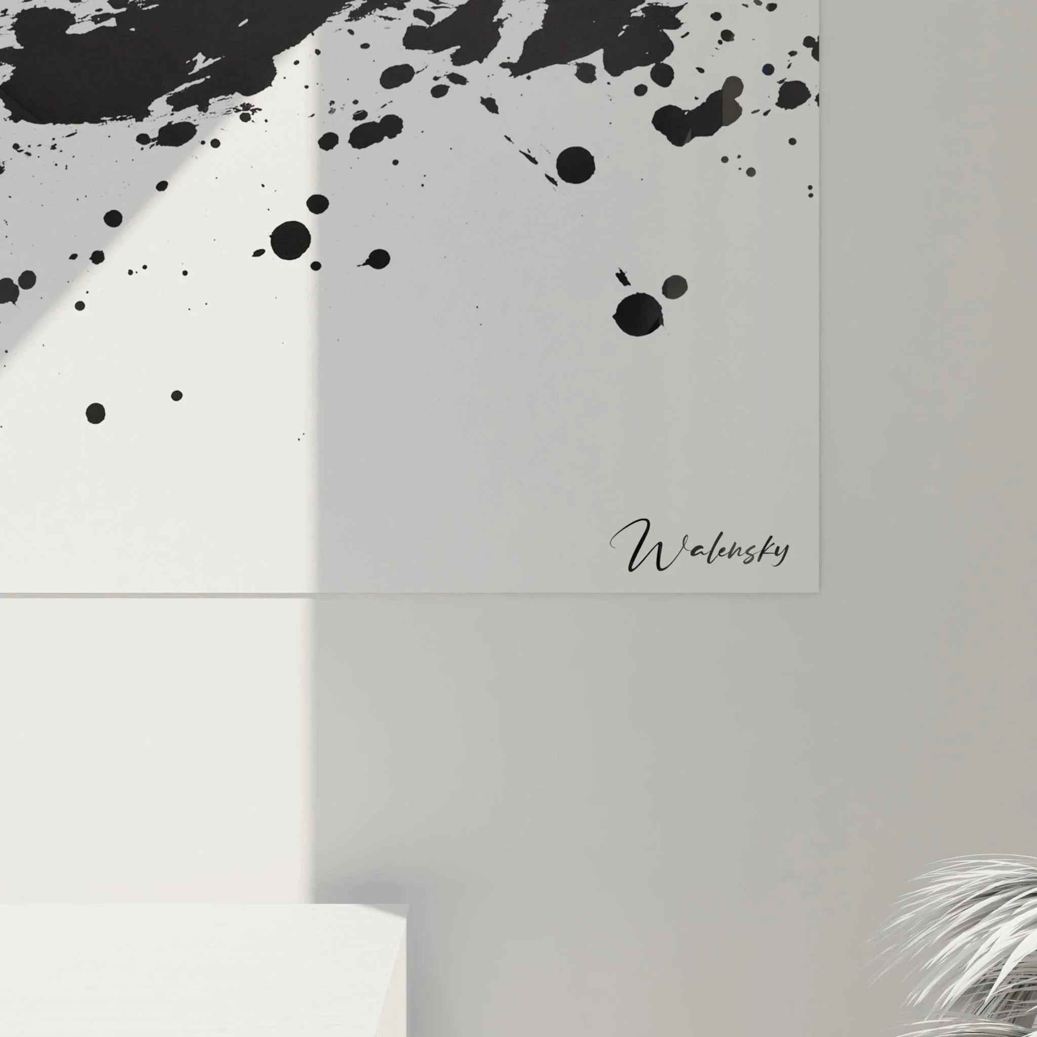 Gesamtansicht Wandbild Tintenspritzer schwarz-weiß abstrakte Komposition dalmatiner Wandkunst