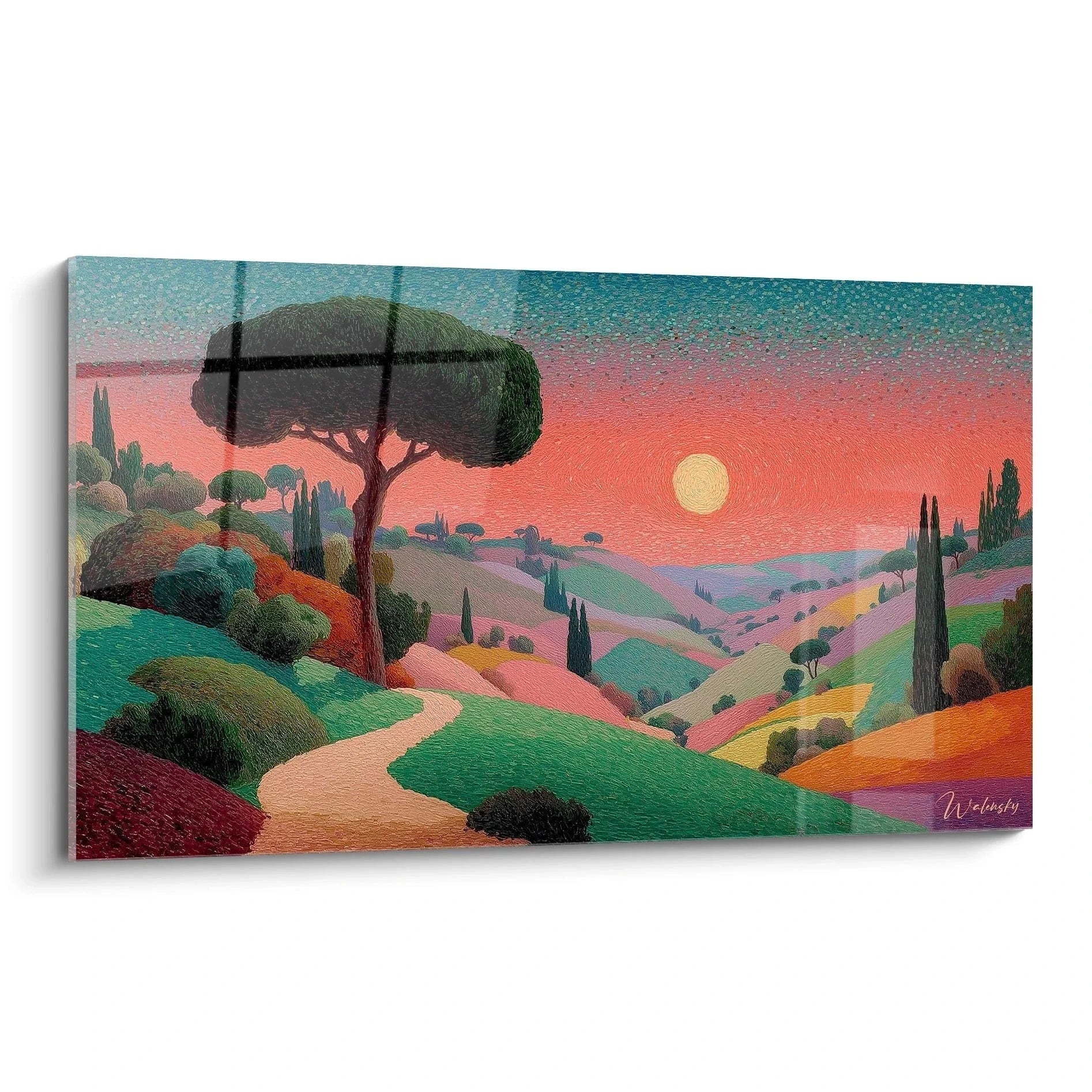 Wandbild toskanische Landschaft Pointillismus mit Pinie und Sonnenuntergang mediterrane Kunst