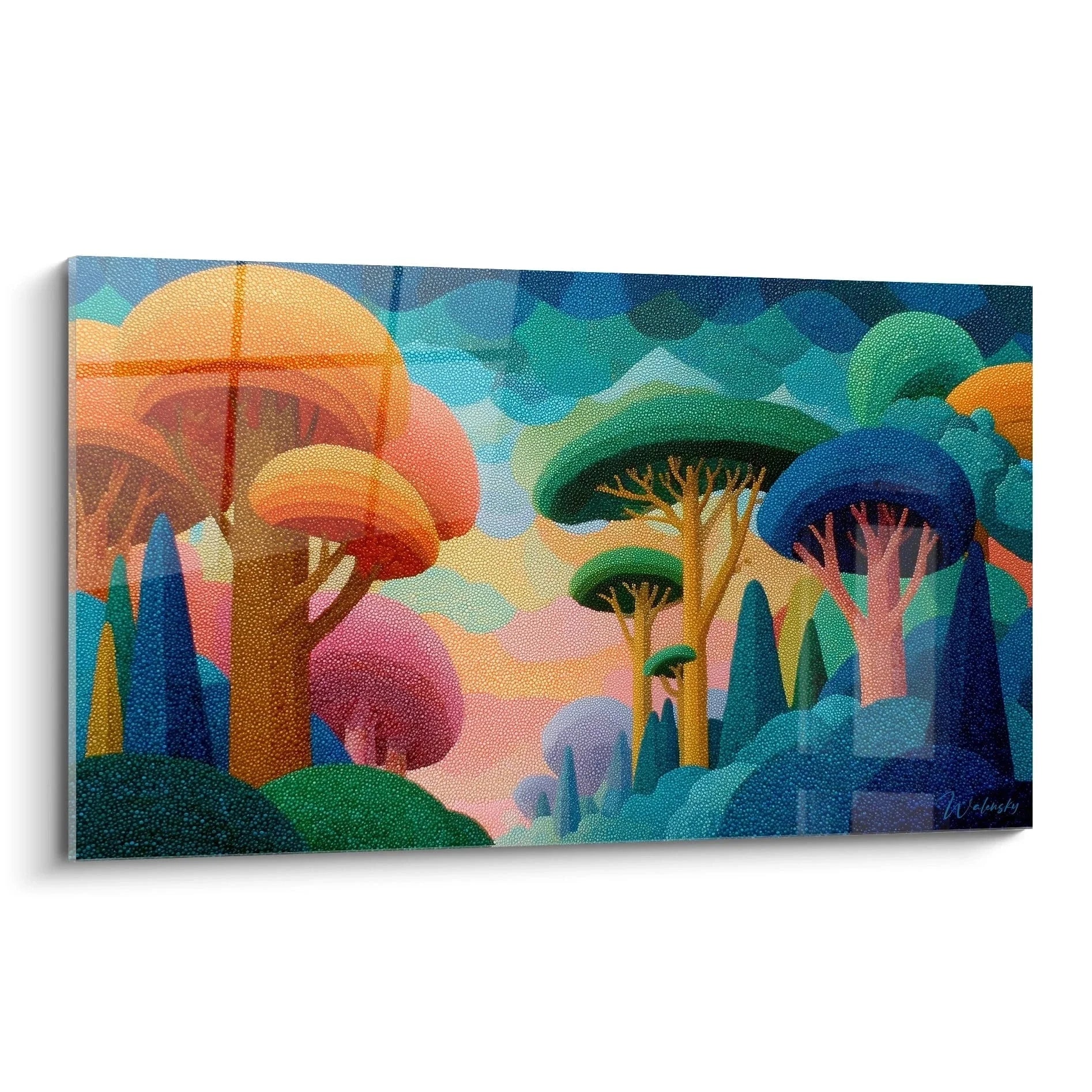 Wandbild Traumlandschaft Pointillismus mit fantastischen Pilzen in leuchtenden Farben