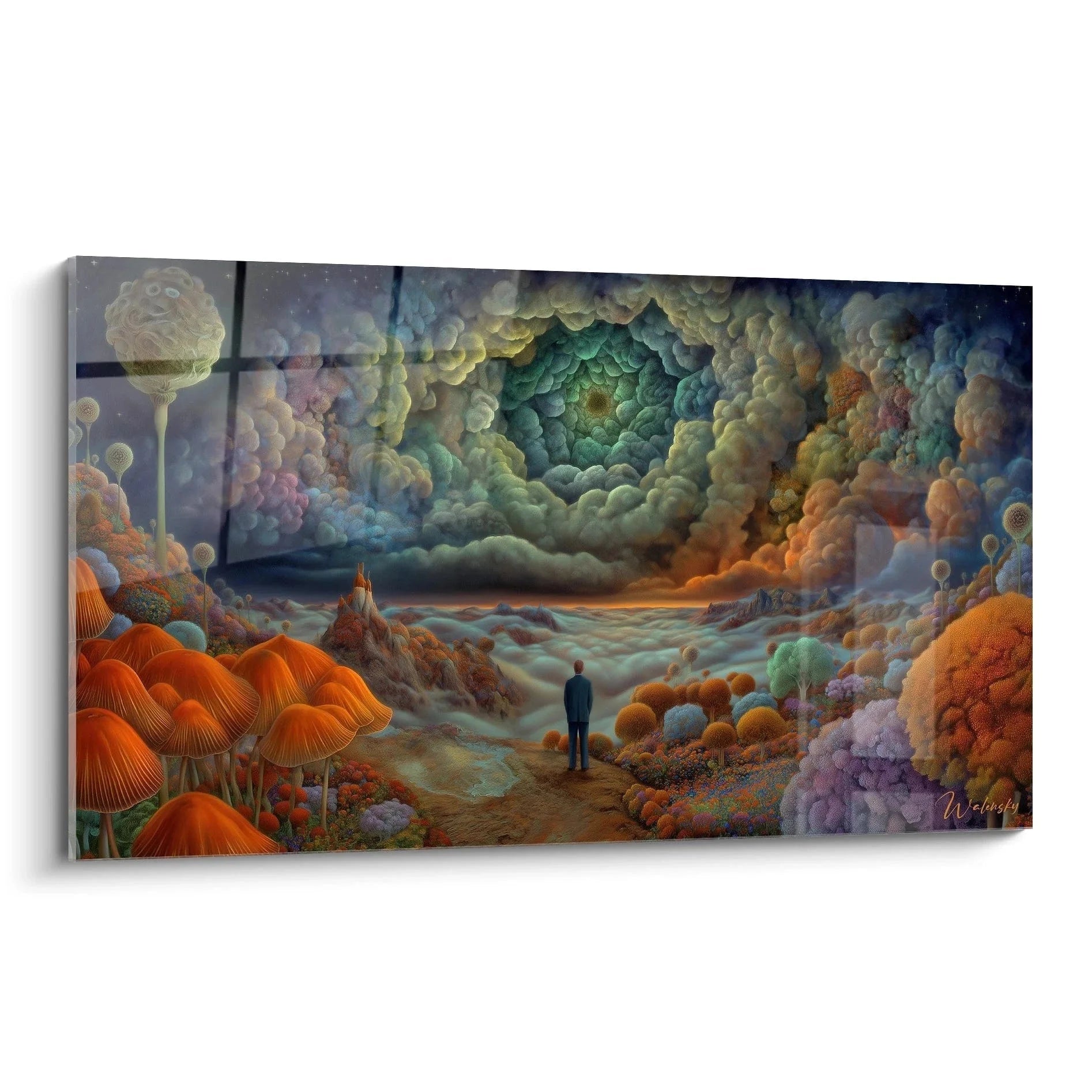 Wandbild Traumlandschaft mit surrealen orangenen Pilzen und spiralförmigen Wolken - Surrealismus Kunst