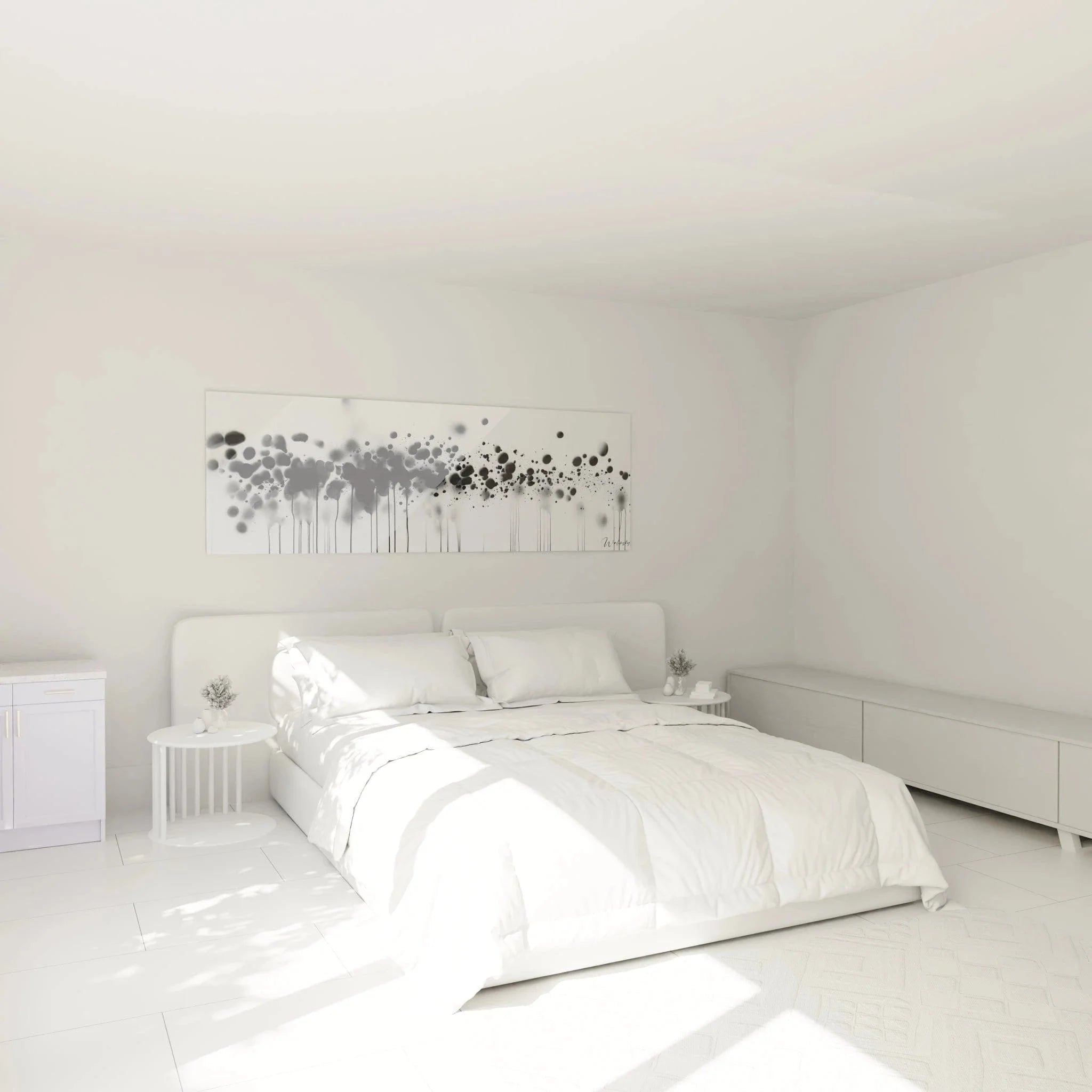 Modernes Wandbild mit abstrakten Tropfen in Schwarz-Weiß über Bett in minimalistischem Schlafzimmer