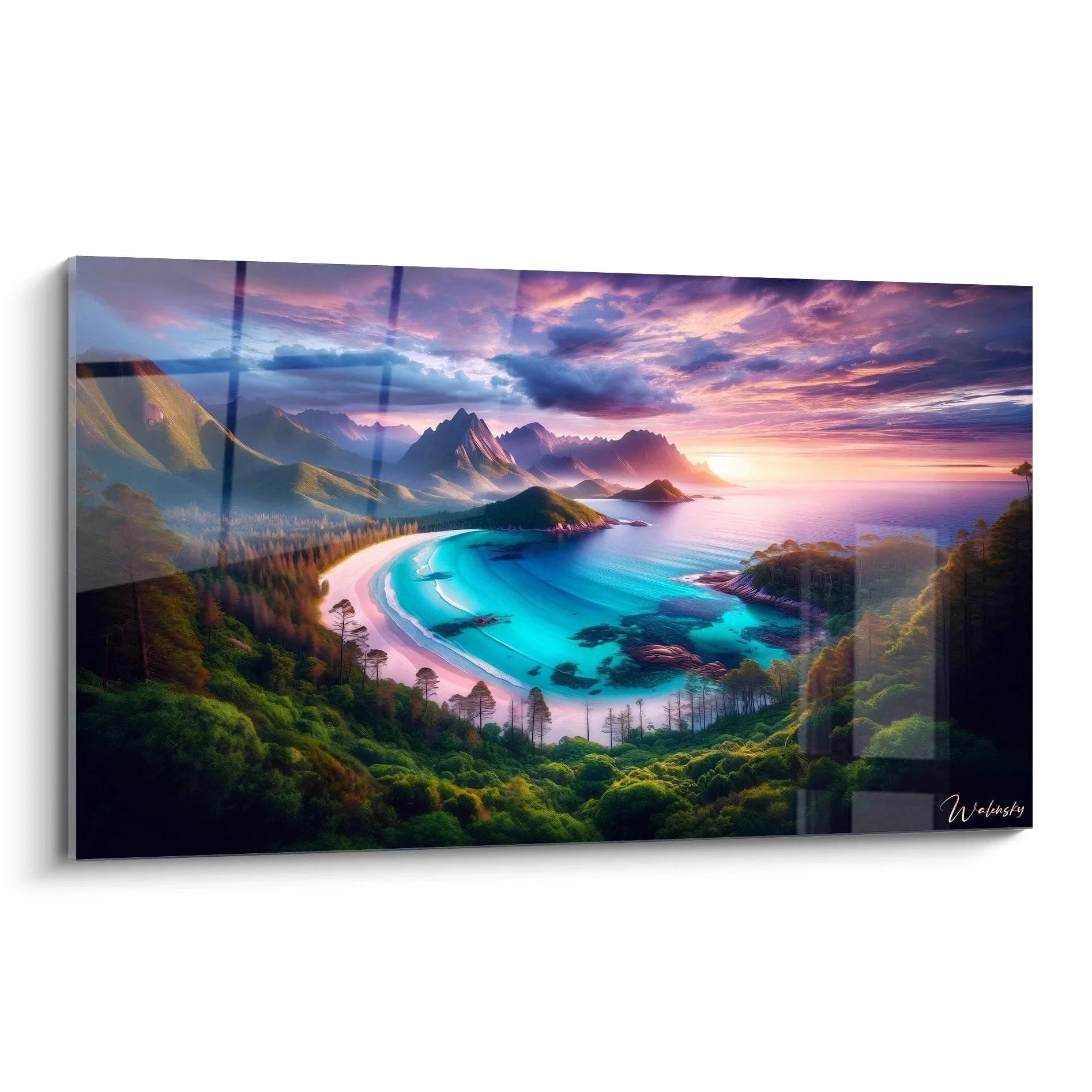 Wandbild tropische Bucht mit türkisblauem Wasser und dramatischem Sonnenuntergang zwischen Bergen