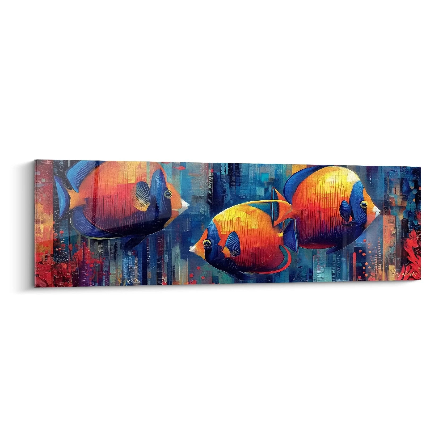 Wandbild tropische Fische mit orange-blauen Meerestieren auf abstraktem Hintergrund