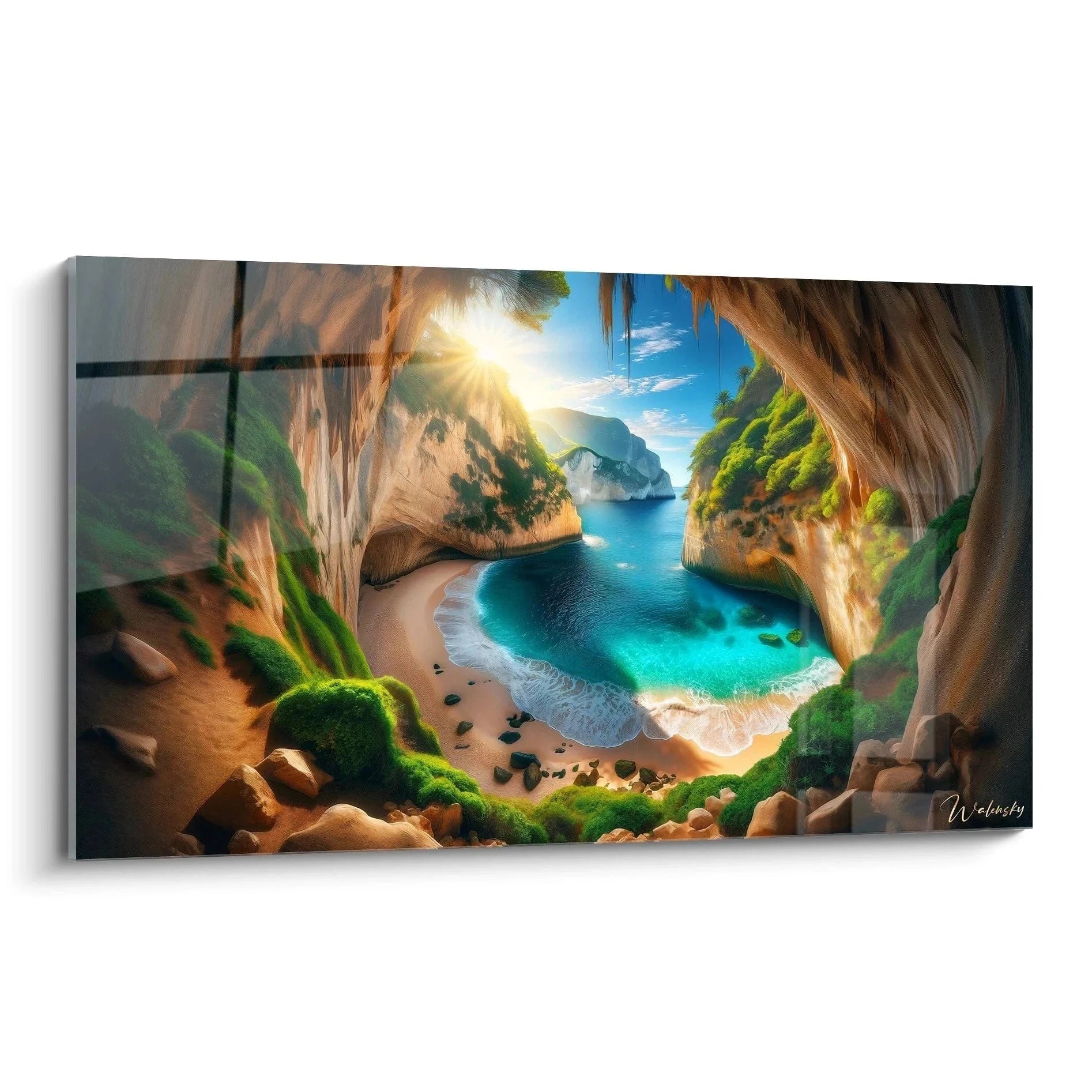 Wandbild tropische Höhle mit türkisblauem Meer und üppiger grüner Vegetation, Sonnenlicht durch Höhlenöffnung