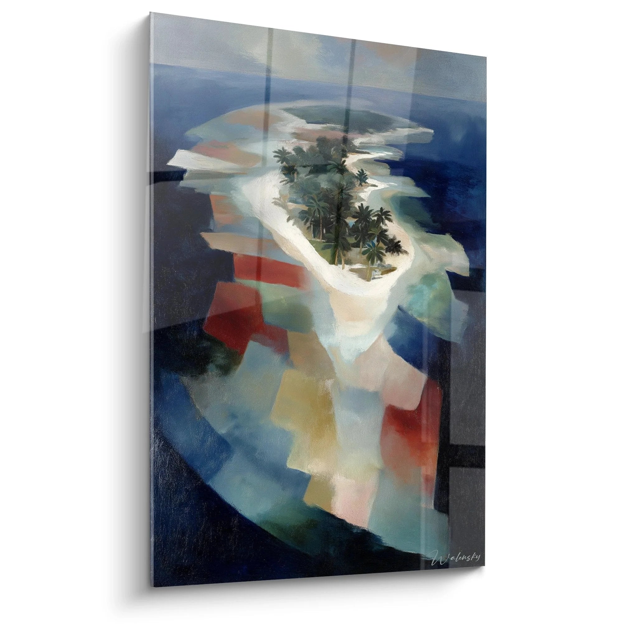 Abstraktes Wandbild tropische Insel mit Palmen in geometrischen Farbflächen - Edition Inseln und Archipele