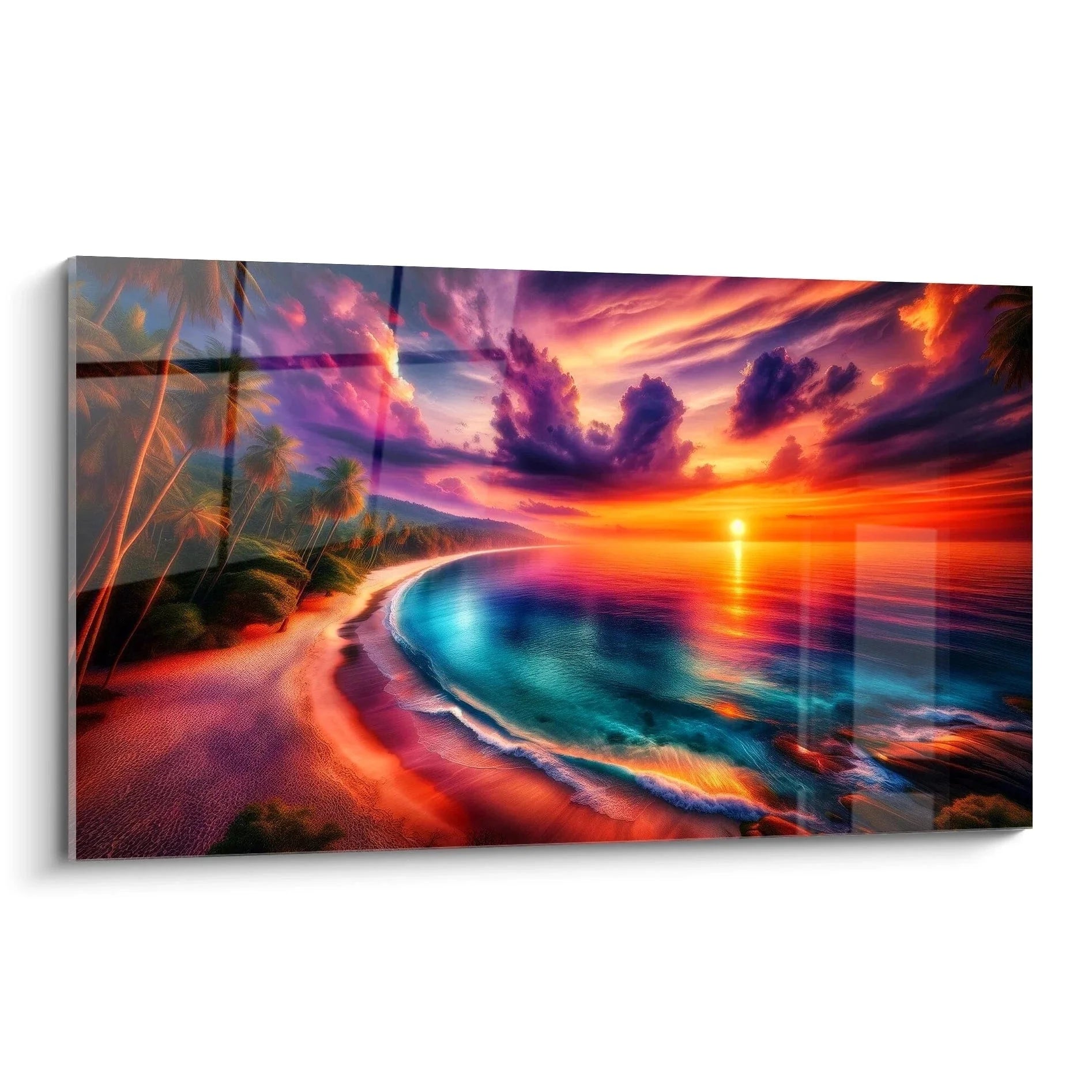 Wandbild tropischer Sonnenuntergang mit Palmen und türkisem Meer in intensiven Farben