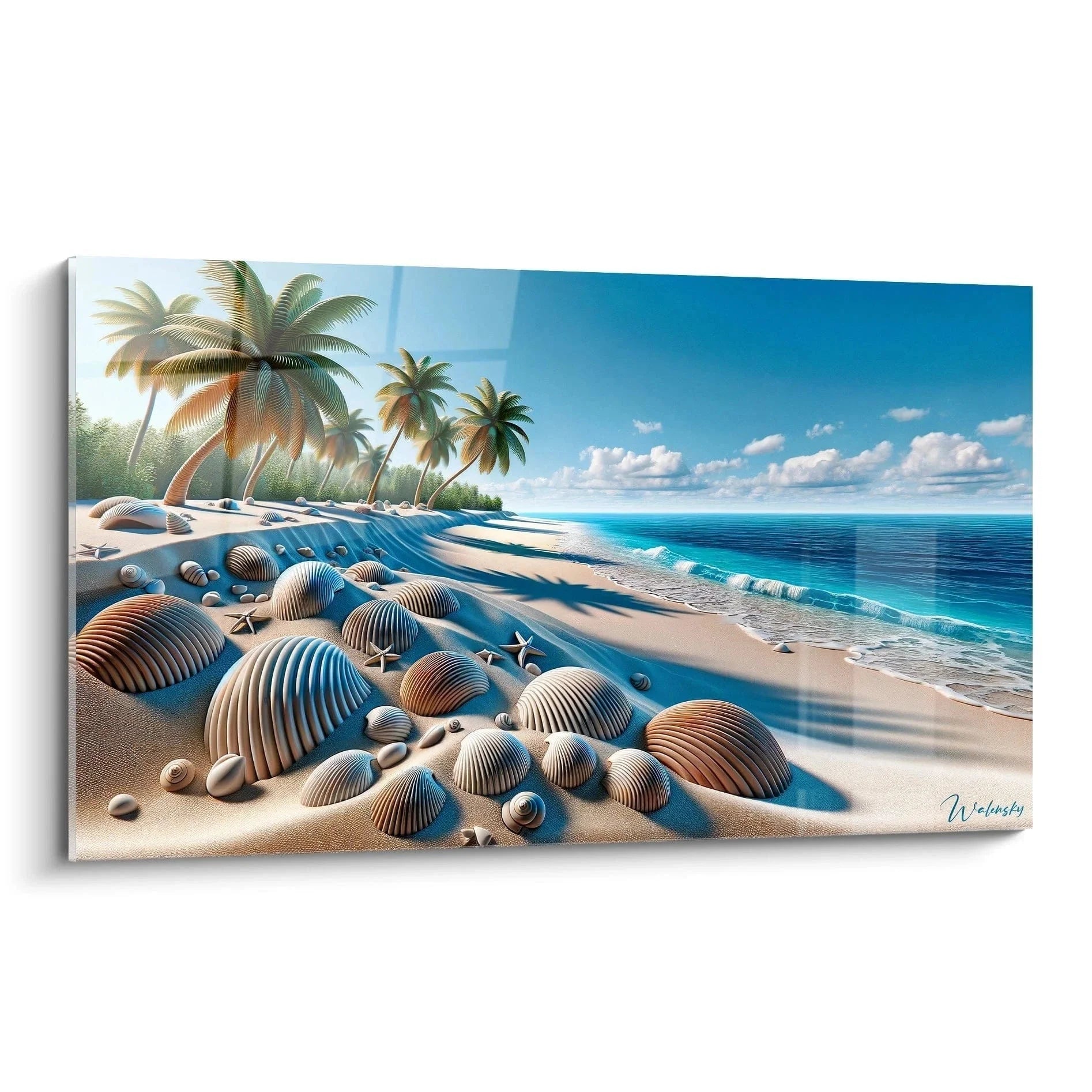 Wandbild tropischer Strand mit Muscheln und Palmen - Premium Leinwanddruck maritime Dekoration