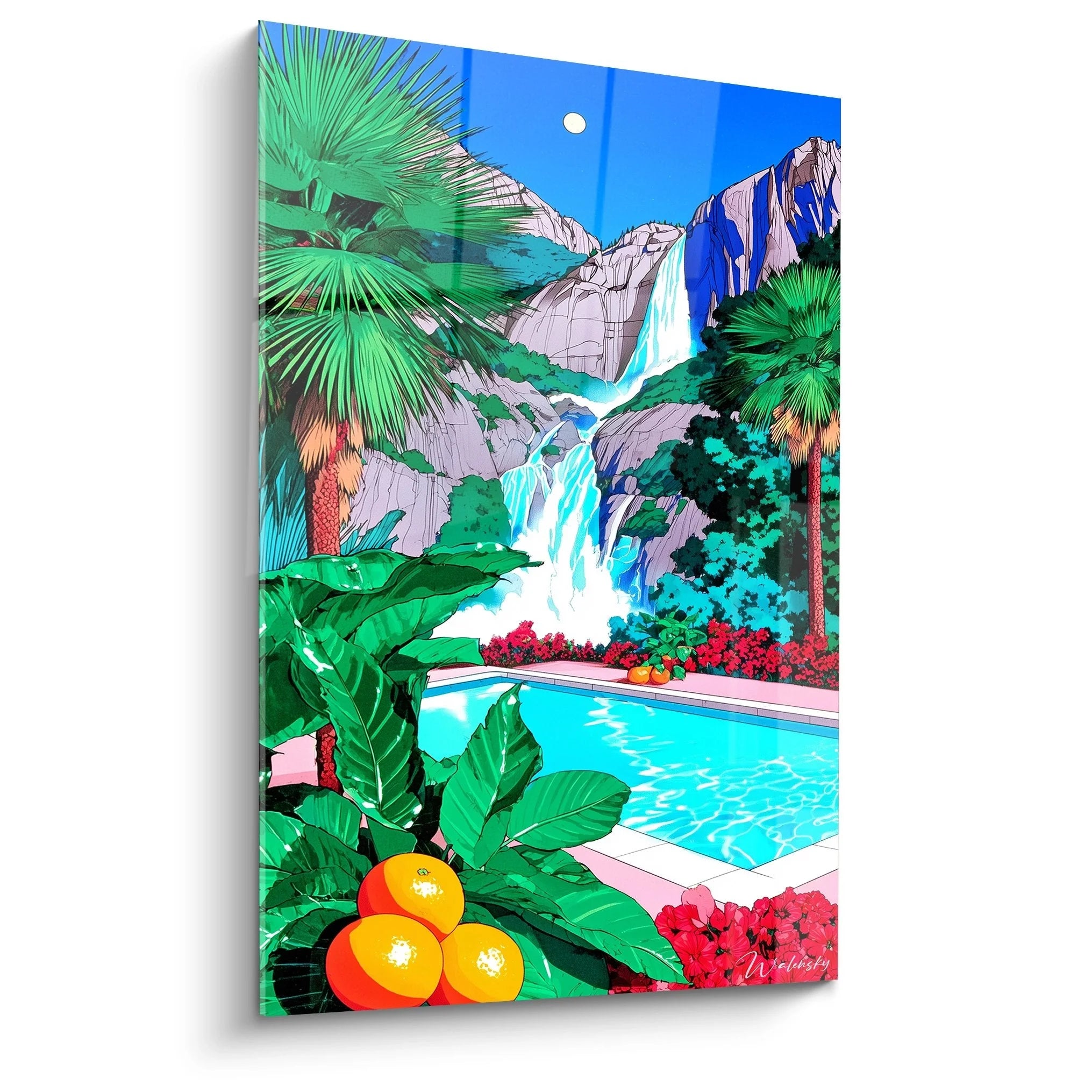 Wandbild tropisches Poolparadies mit Wasserfall, Palmen und türkisem Pool in leuchtenden Farben