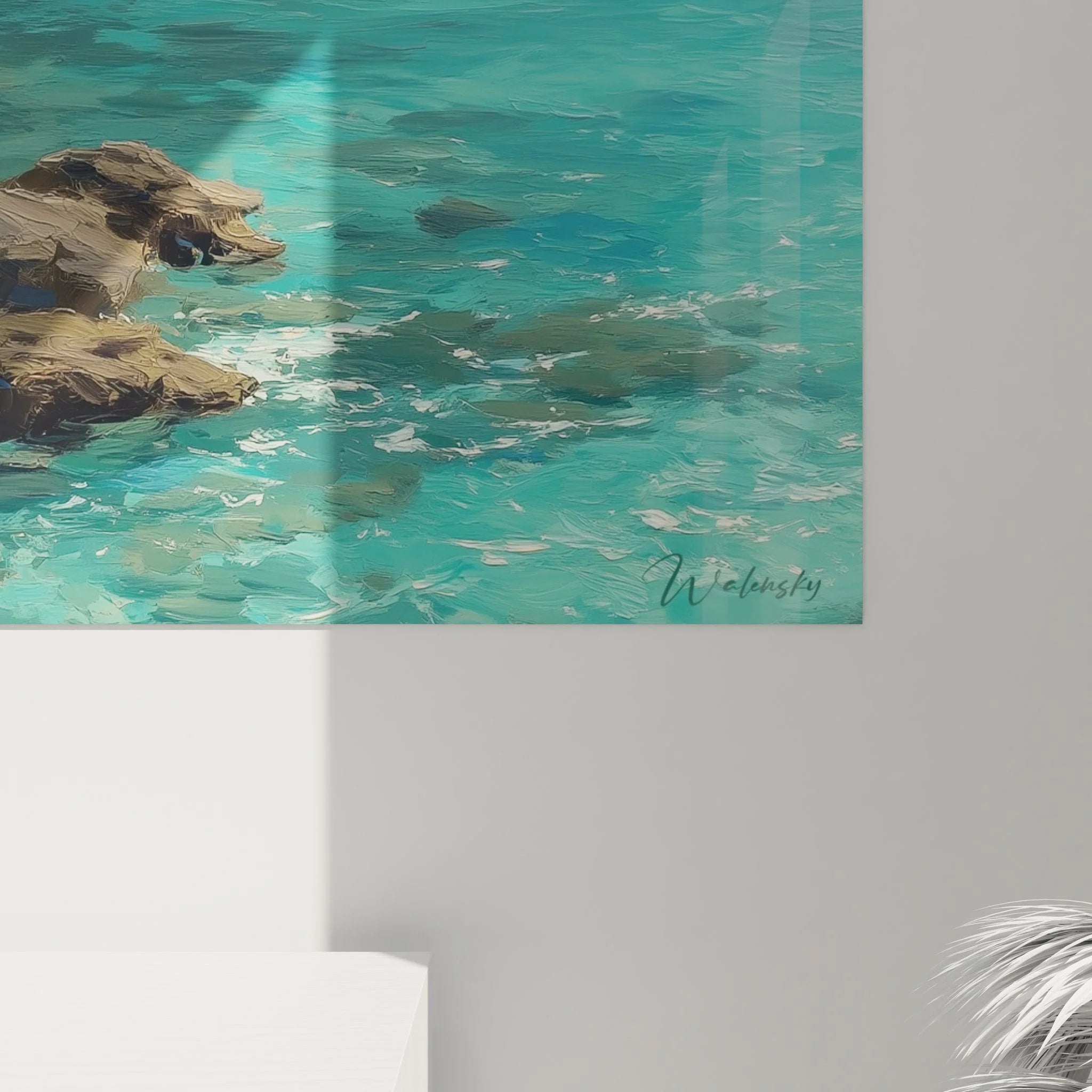 Gesamtansicht mediterranes Wandbild türkise Küstenbucht, komplette Darstellung der Meereslandschaft