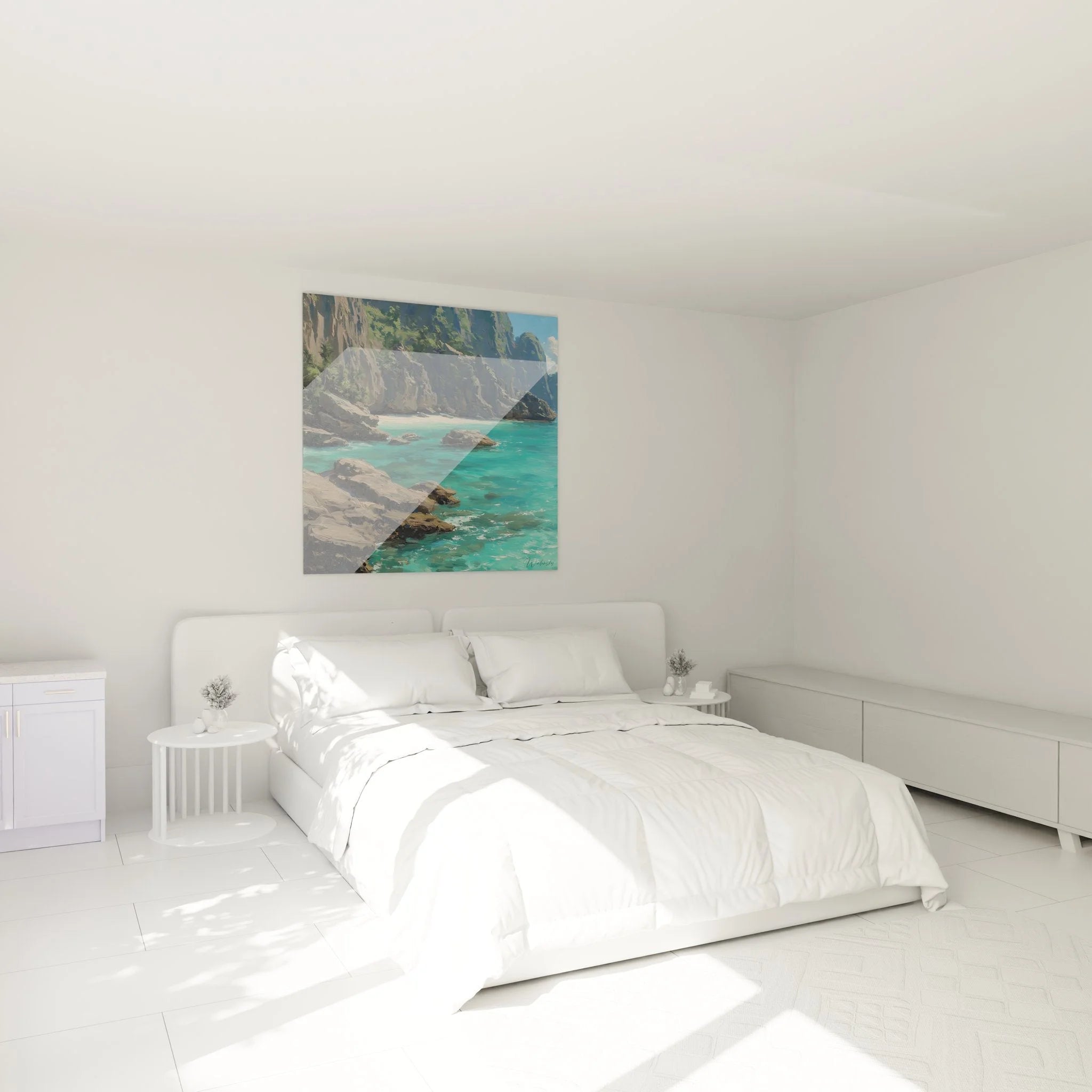 Mediterranes Wandbild türkise Bucht in modernem Schlafzimmer, Küstenlandschaft Wanddekoration XXL