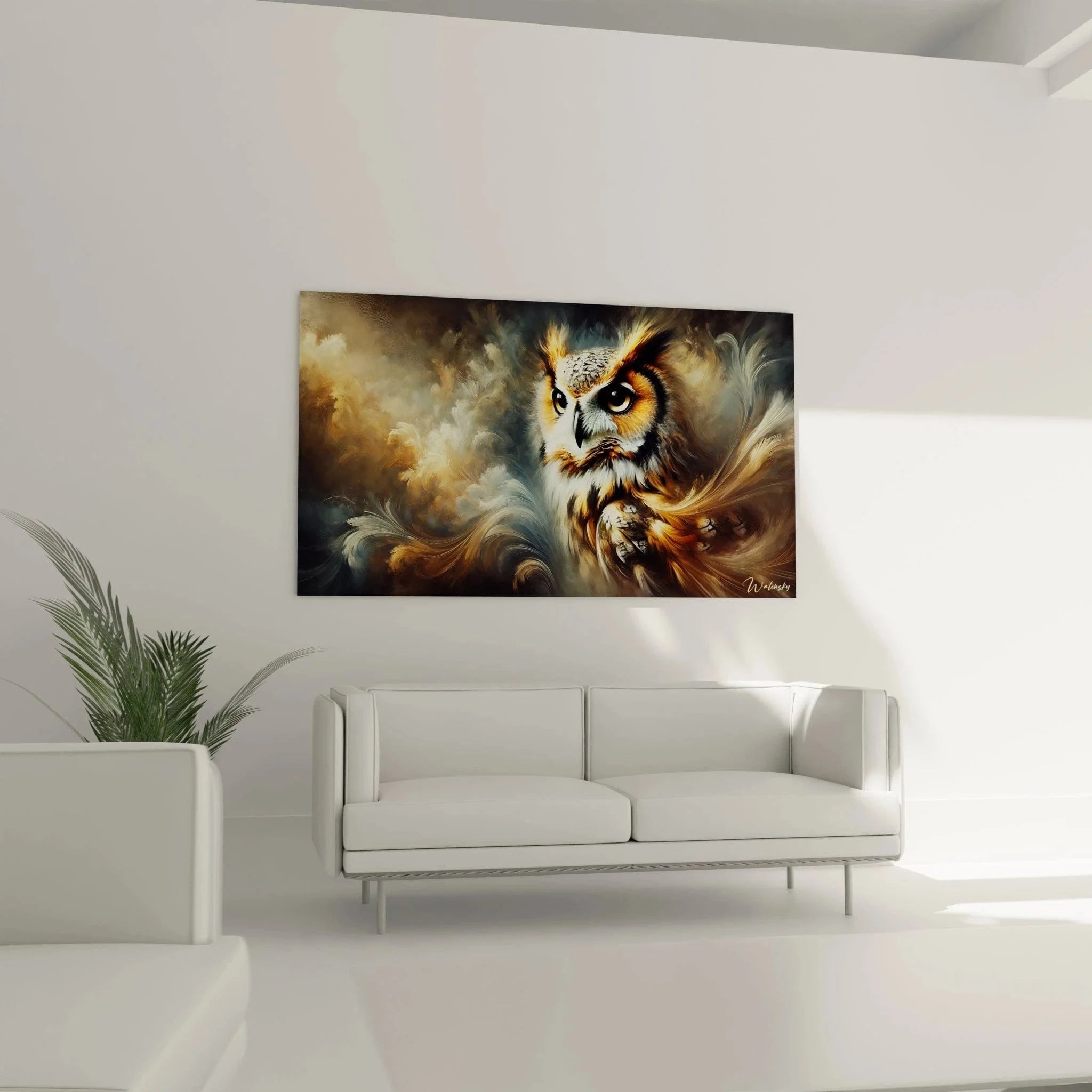 Detailaufnahme Wandbild Uhu - intensive Augen und Federstruktur im Kunstdruck sichtbar