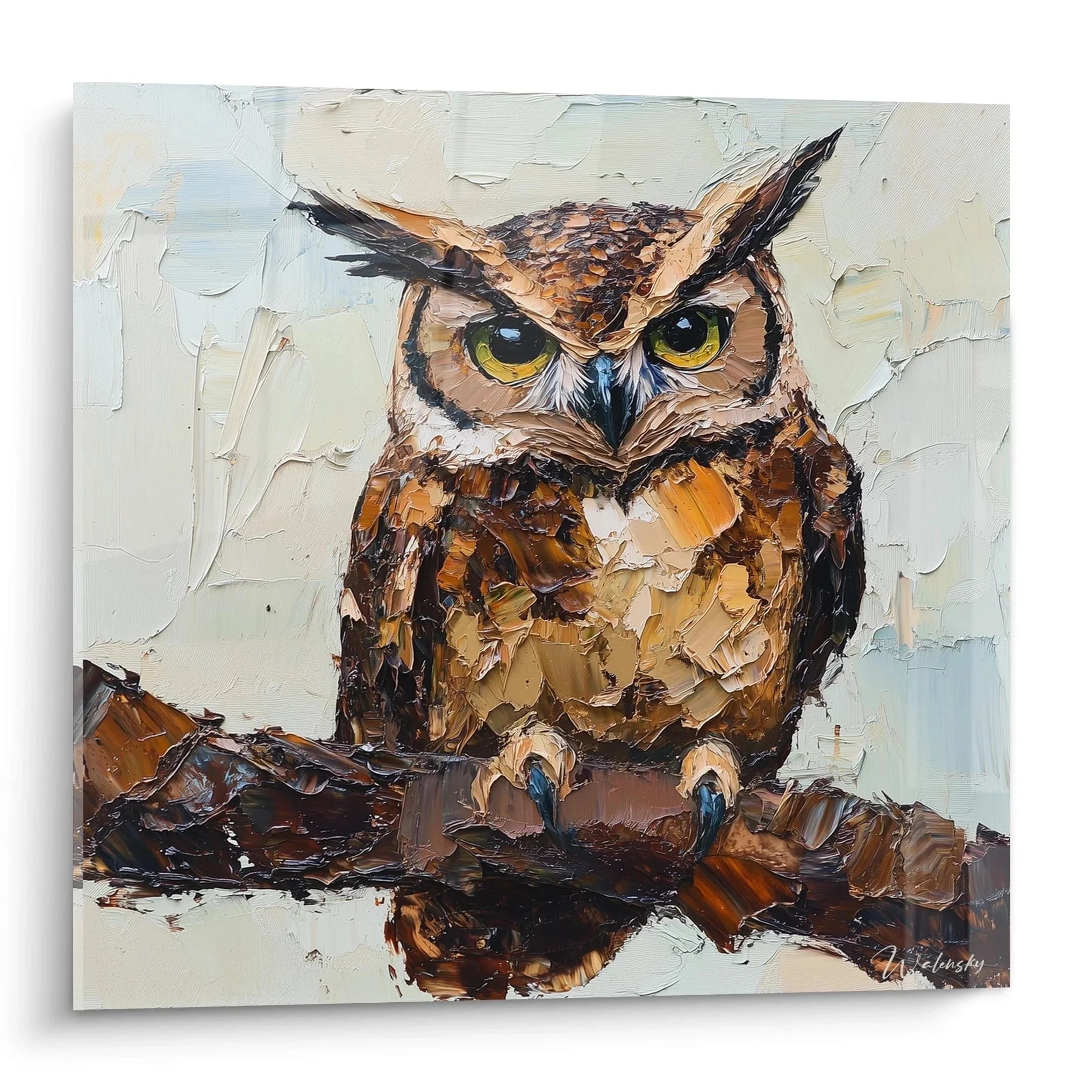 Wandbild Uhu Ölgemälde mit majestätischem Eulenvogel und leuchtend gelben Augen auf Leinwand