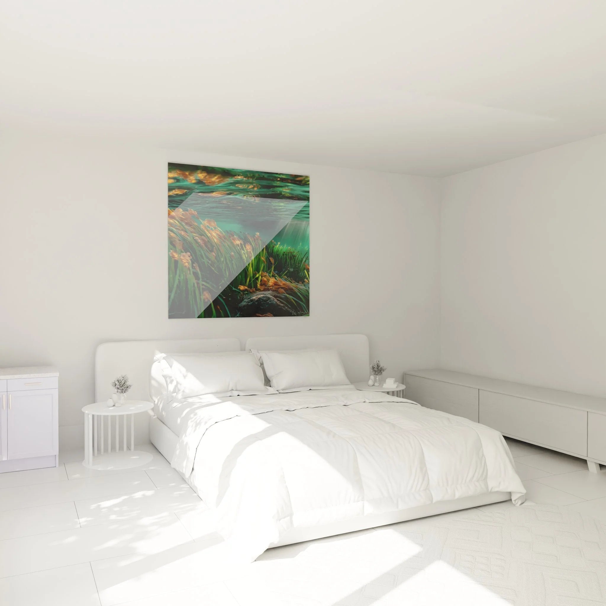 Wandbild Unterwasserlandschaft in modernem Schlafzimmer - türkise Wanddekoration XXL