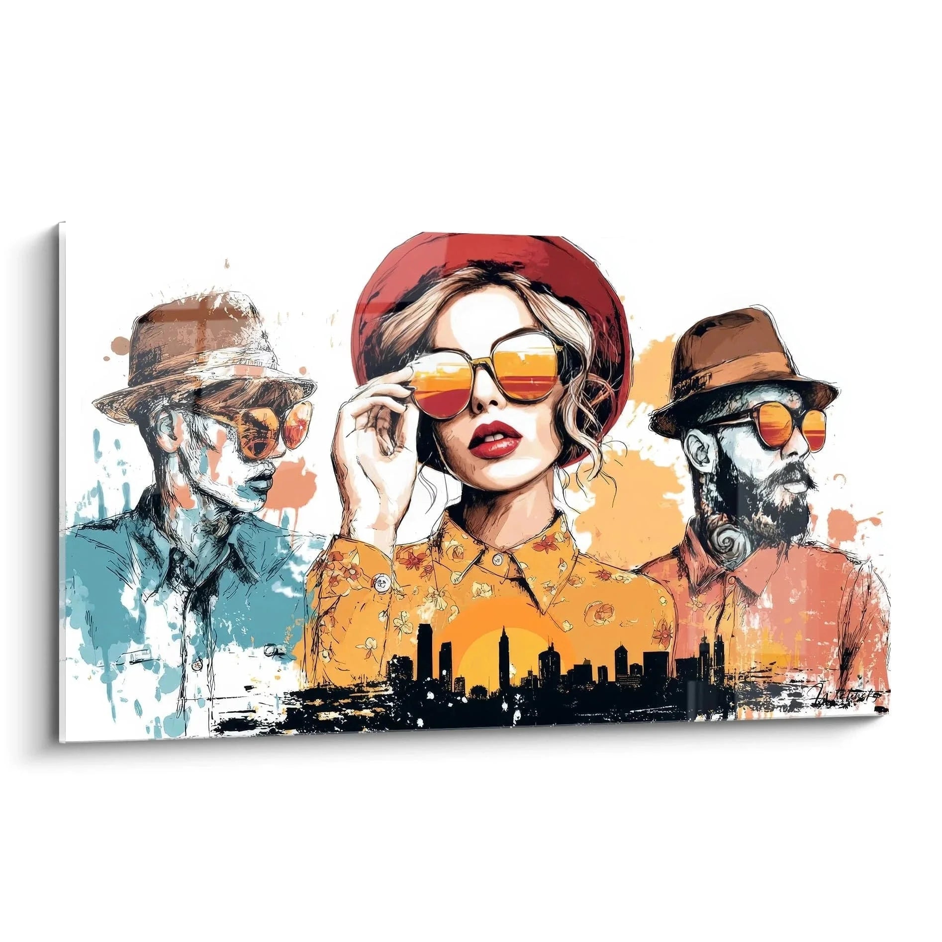 Wandbild drei stylische Personen mit orangenen Sonnenbrillen in urbaner Modeillustration vor Stadtsilhouette