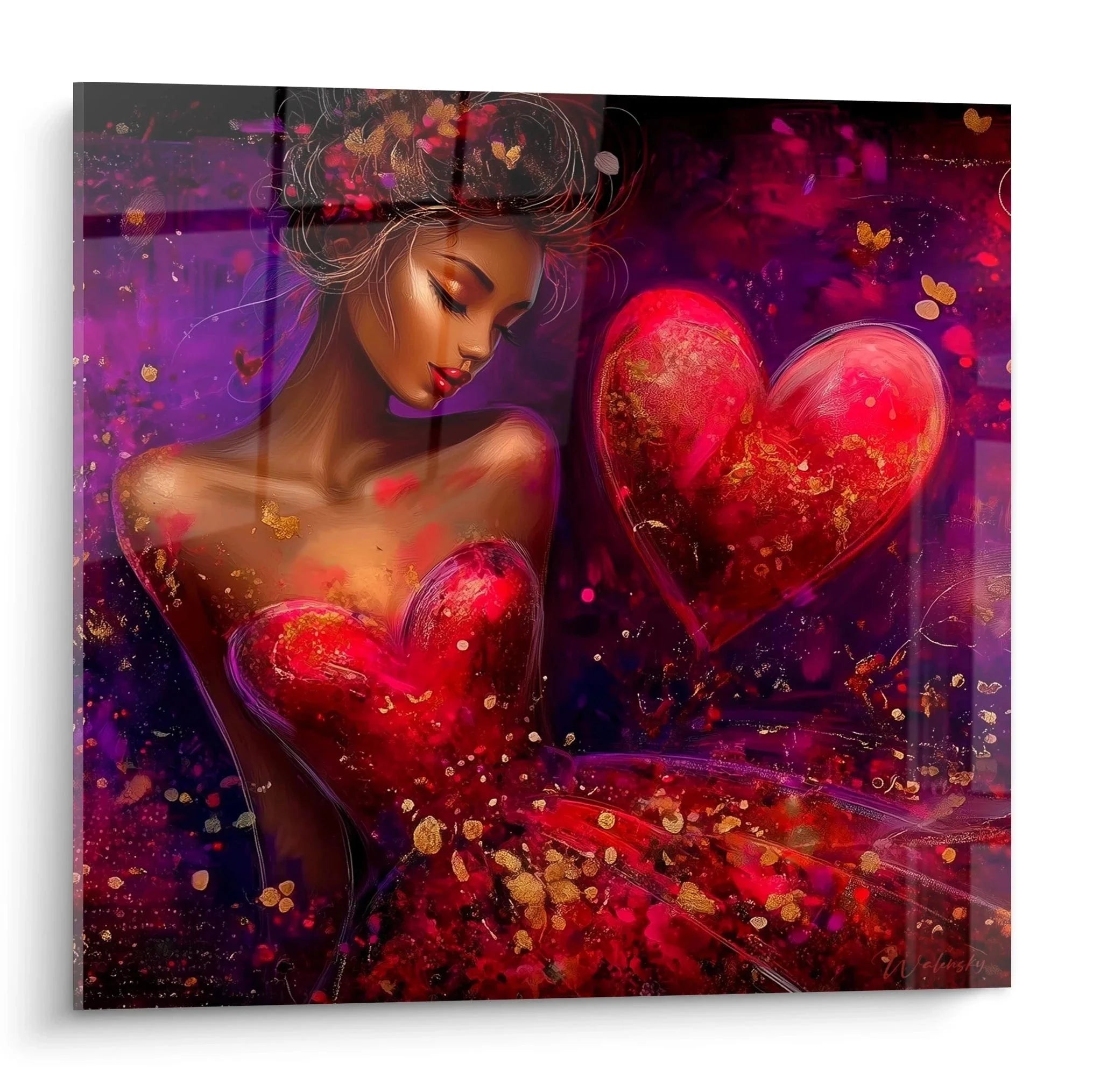 Wandbild Valentinstag mit romantischer Frau und leuchtenden kristallinen Herzen in Rot und Violett