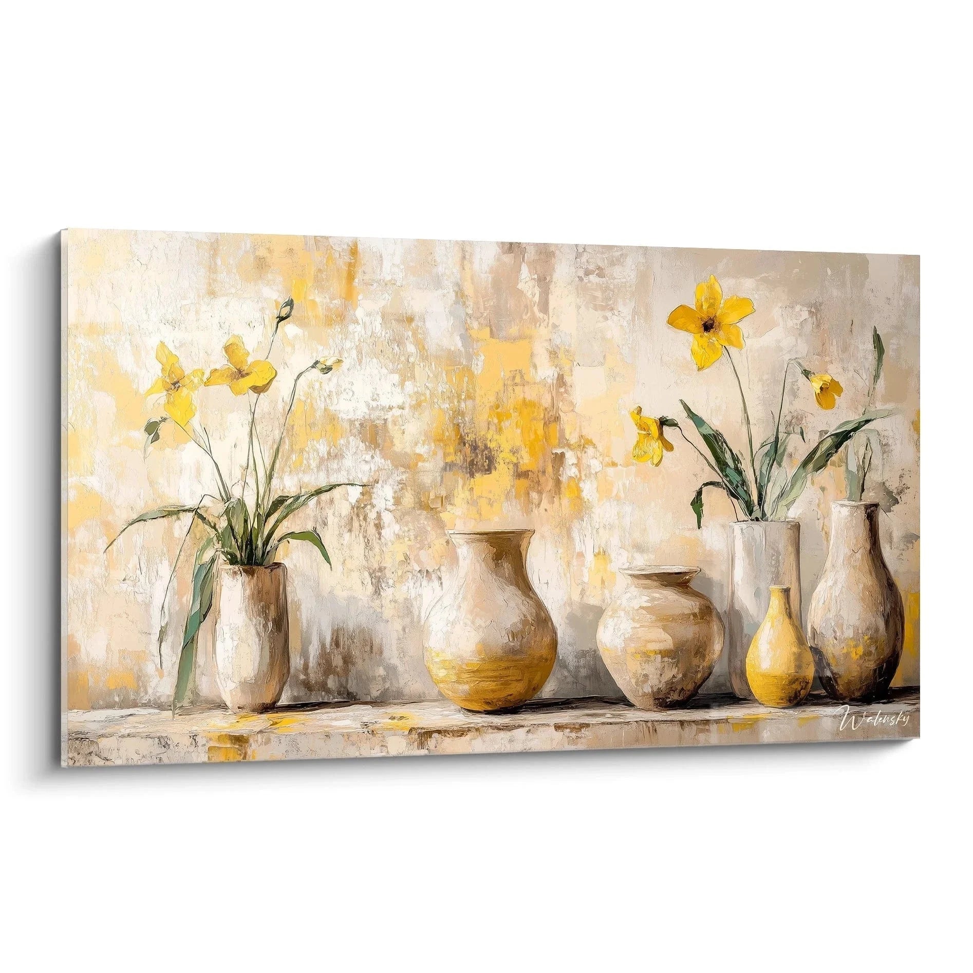 Wandbild mediterrane Vasen mit gelben Blüten - Stillleben Kunstdruck für Wohnzimmer Dekoration