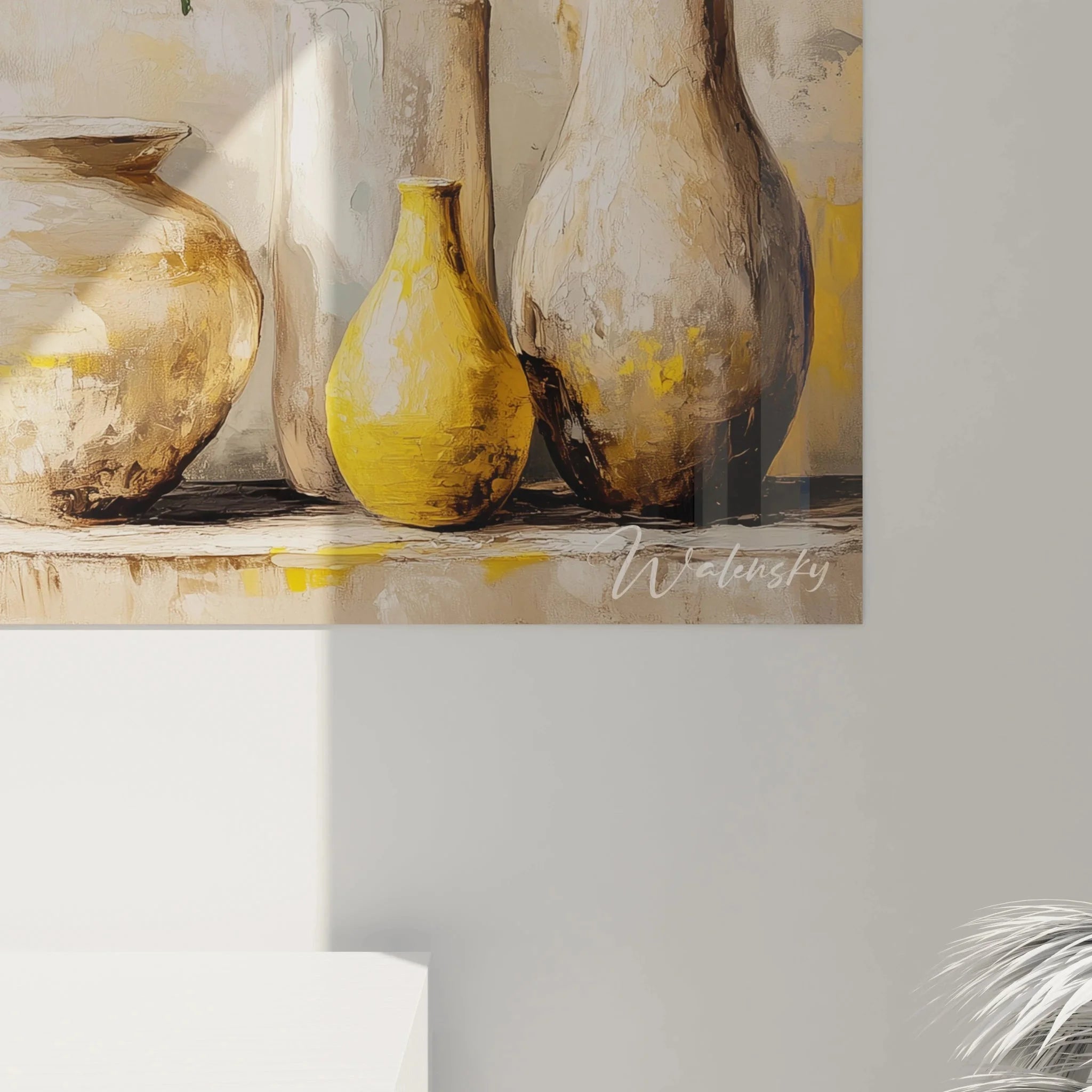 Komplette Ansicht Wandbild Vasenkomposition - gelbe Blüten Stillleben für moderne Raumgestaltung