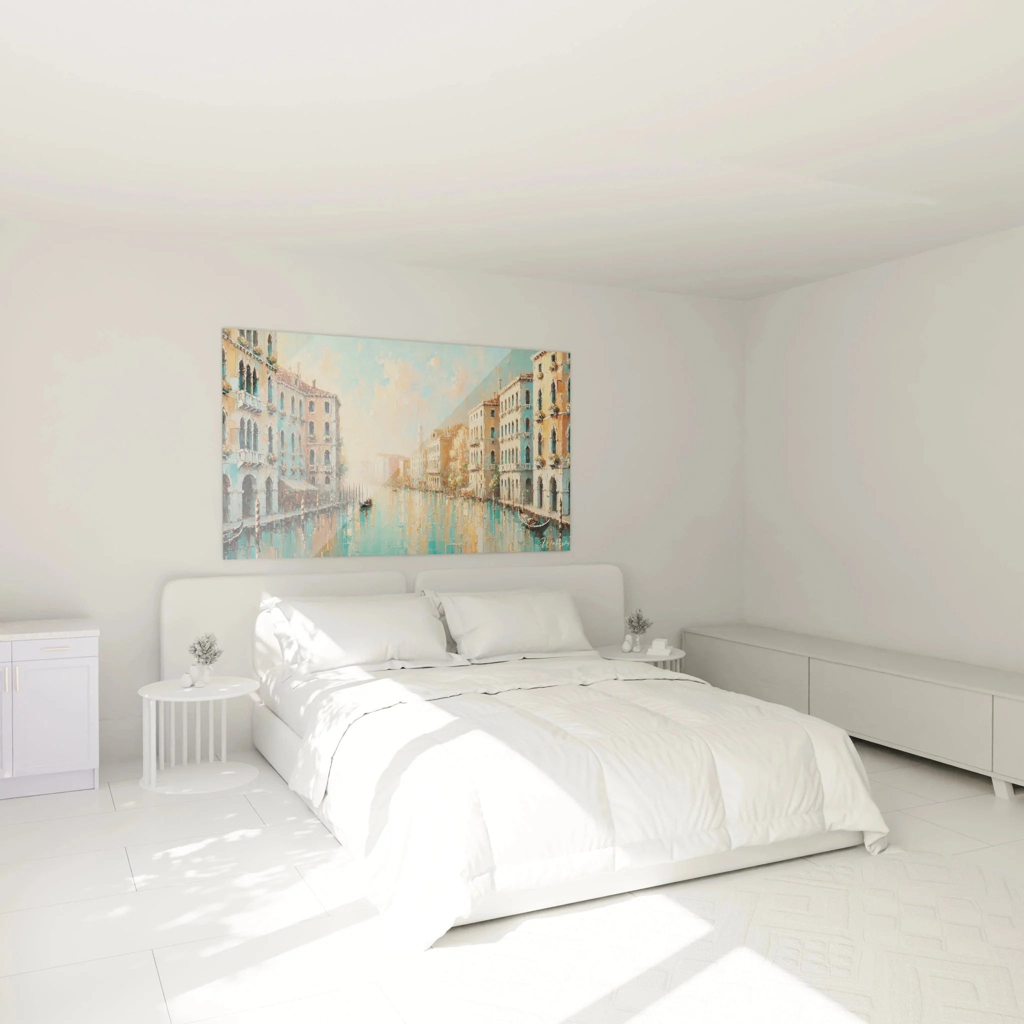 Venezianisches Wandbild im Schlafzimmer zeigt romantische Kanalszene mit Gondeln und Palästen