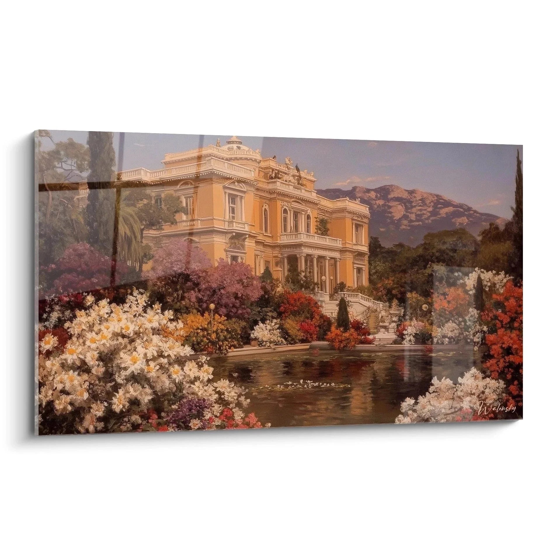 Wandbild klassizistische Villa am See mit blühenden Gärten und Berglandschaft im Hintergrund