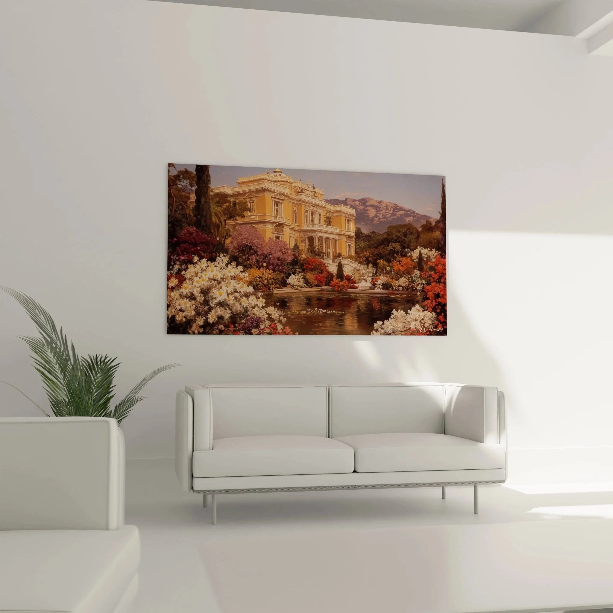 Detailansicht Wandbild klassizistische Villa mit ornamentaler Fassade und Blütenpracht