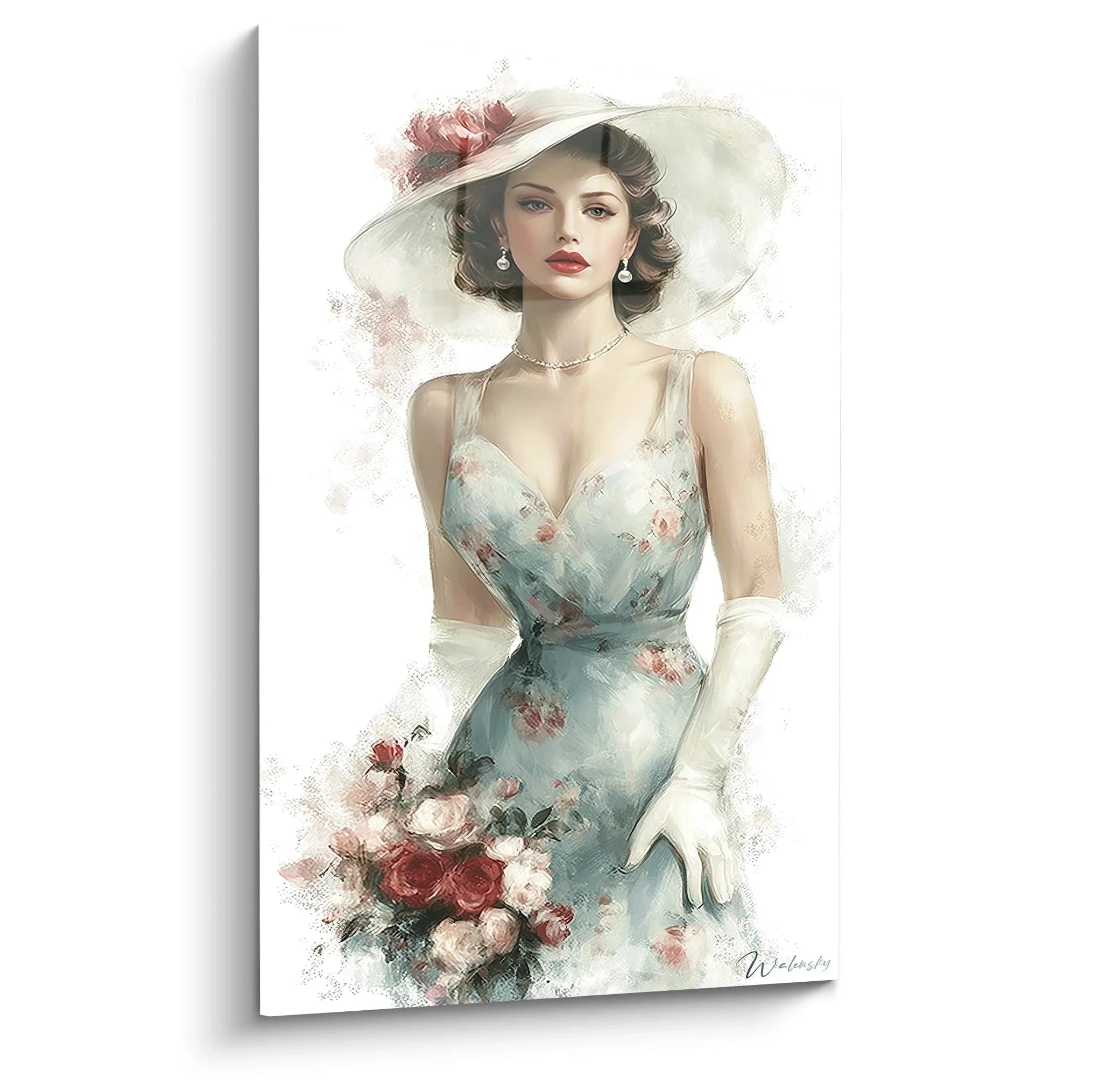 Wandbild elegante Vintage Dame mit Hut und Rosenstrauß in pastellfarbener Aquarell-Optik