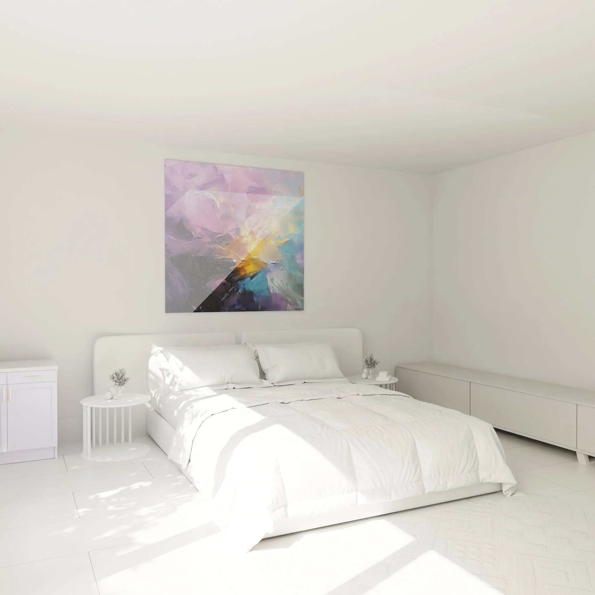 Wandbild abstrakte Komposition violett im Schlafzimmer Ambiente Malerei-Optik