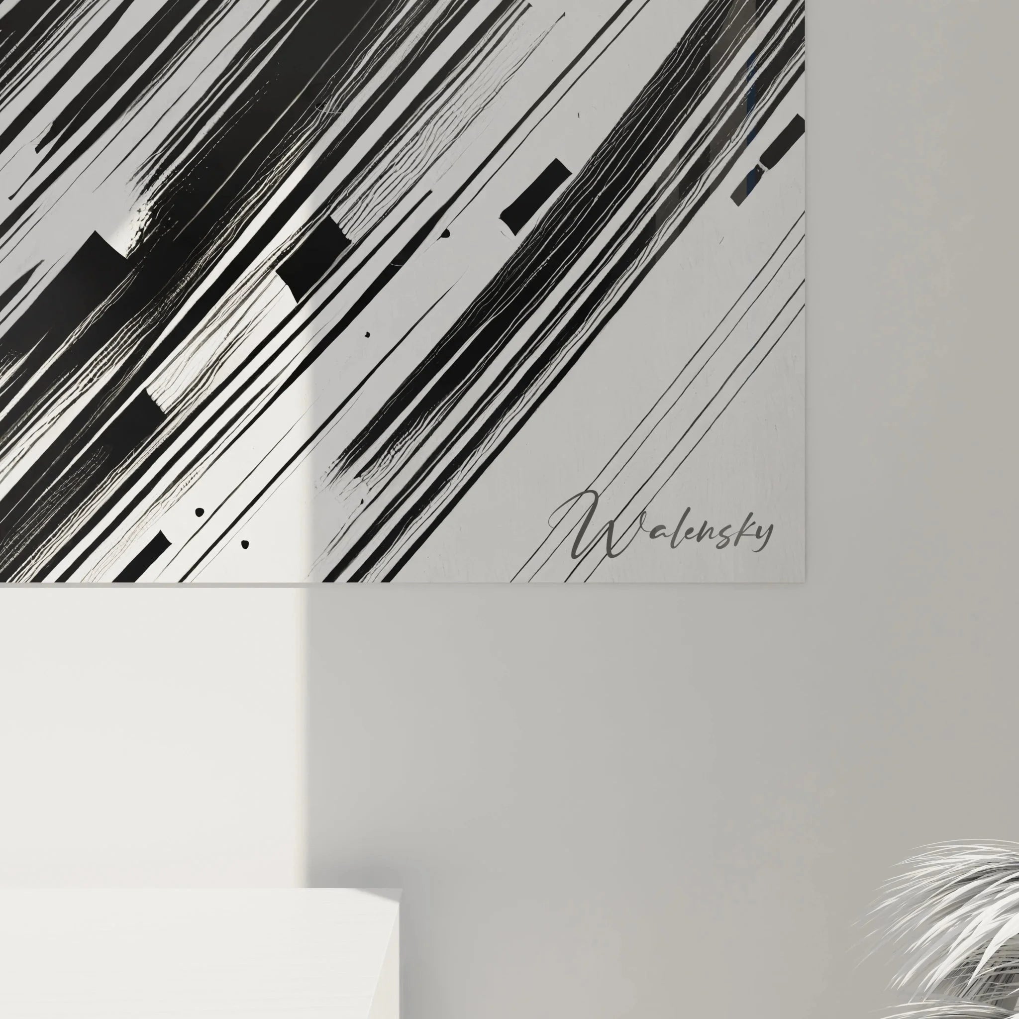 Gesamtansicht Wandbild Violinist schwarz-weiß, komplette Musikszene mit diagonalen Designelementen