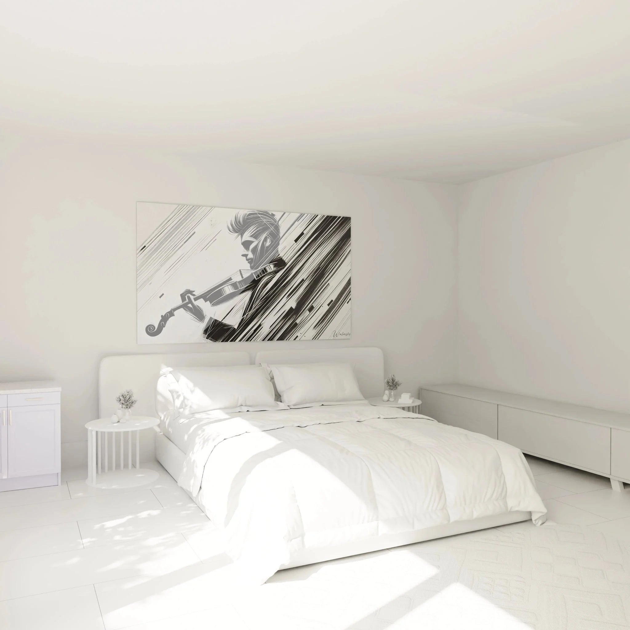 Wandbild Violinist im Schlafzimmer, schwarz-weiße Wanddekoration über dem Bett, moderne Musikkunst