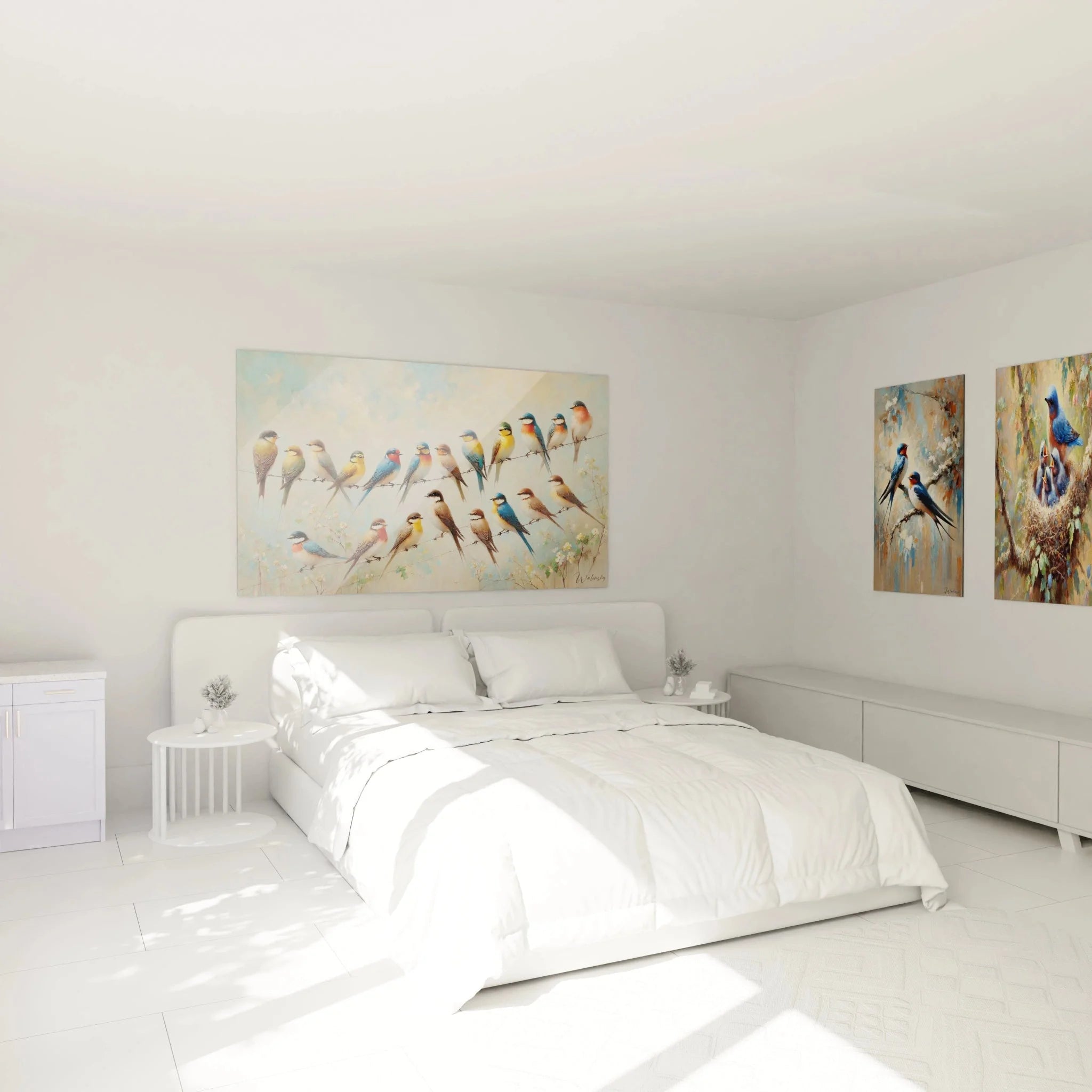 Wandbild Vögel auf Draht in Schlafzimmer Ambiente - Vogelmotiv Leinwand als stilvolle Wanddekoration