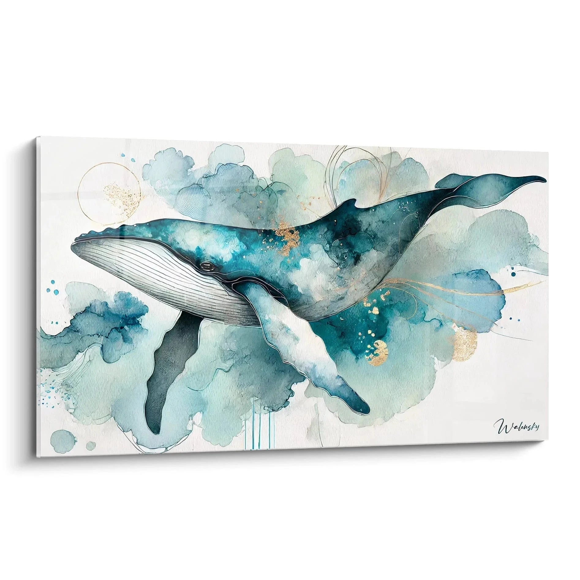 Wandbild Wal Aquarell zeigt majestätischen Blauwal in türkisblauen Wasserwelten mit goldenen Akzenten