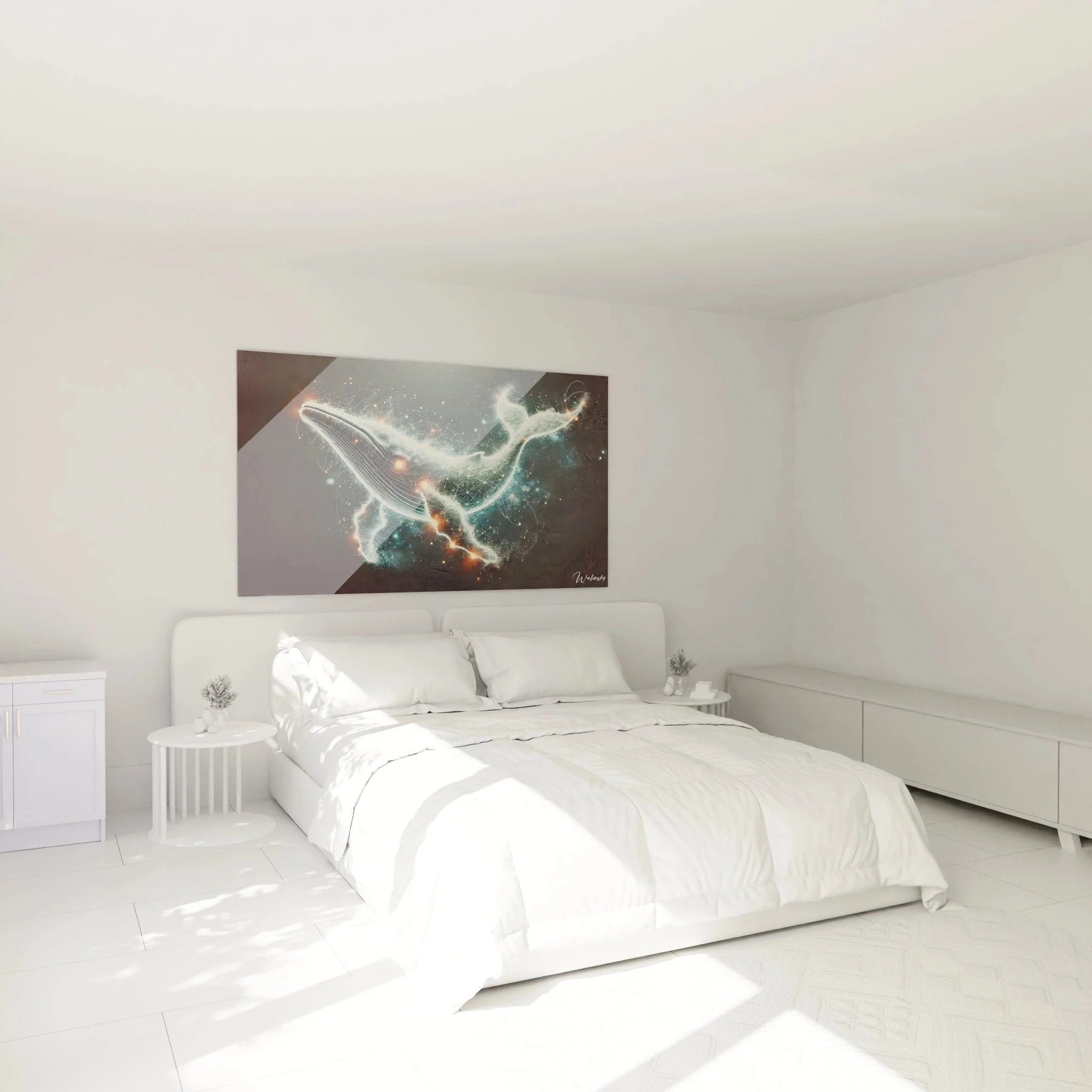 Wandbild Wal kosmisch als stilvolle Schlafzimmer Dekoration an moderner Wand