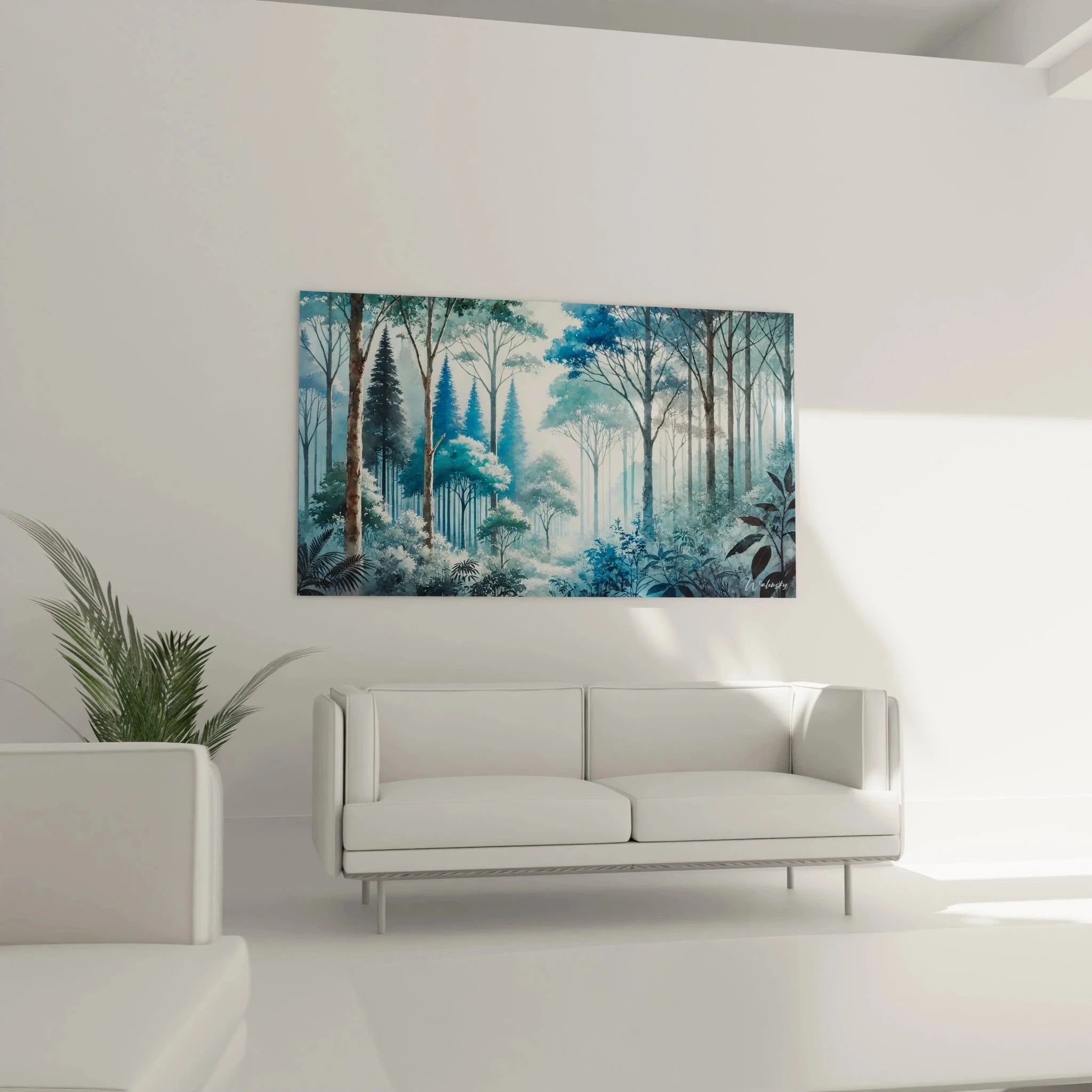 Detailansicht Wandbild nebliger Wald mit Birken, Tannen und mystischer Nebelatmosphäre in Blau
