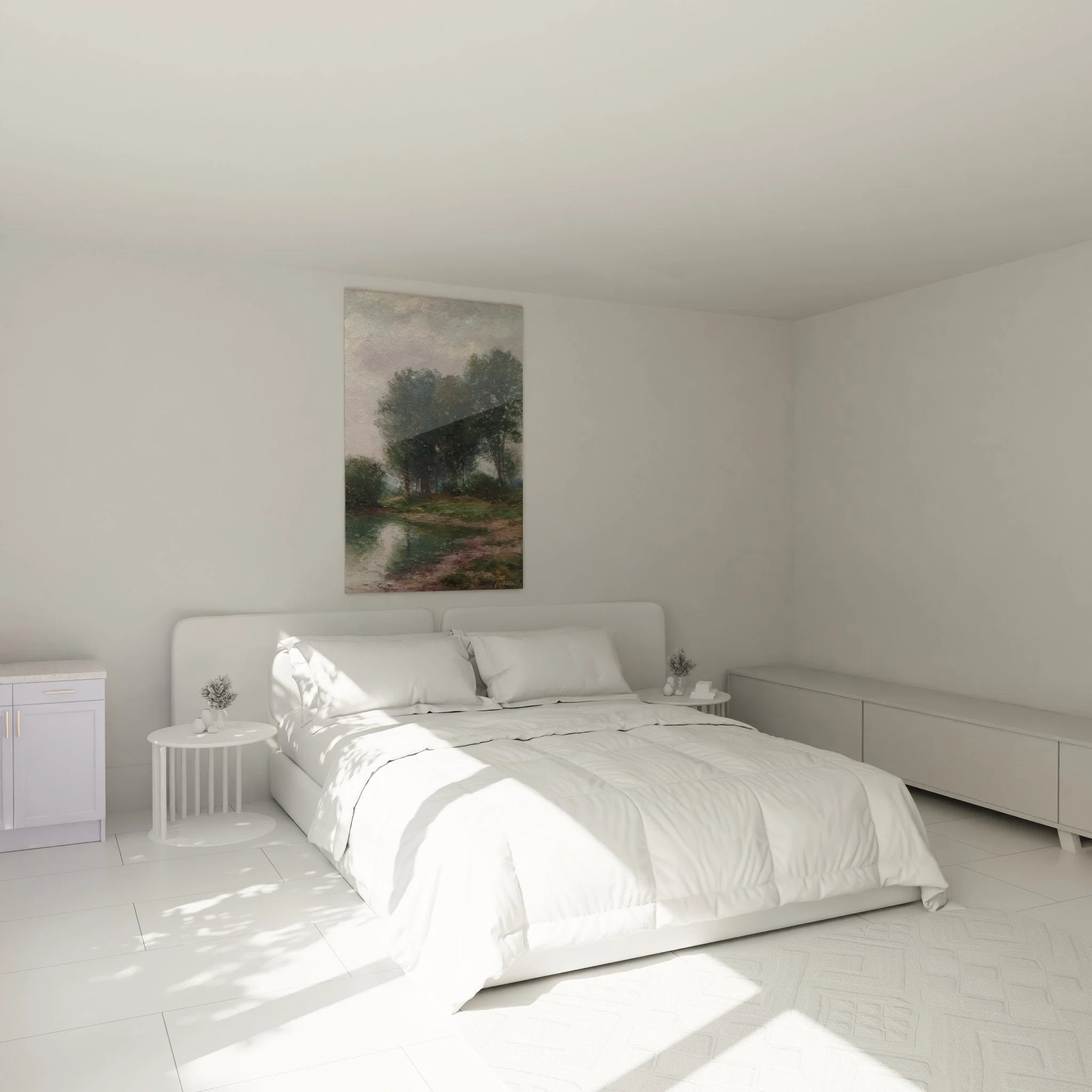 Wandbild Waldweg in Schlafzimmer-Ambiente, impressionistische Naturszene für beruhigende Raumatmosphäre