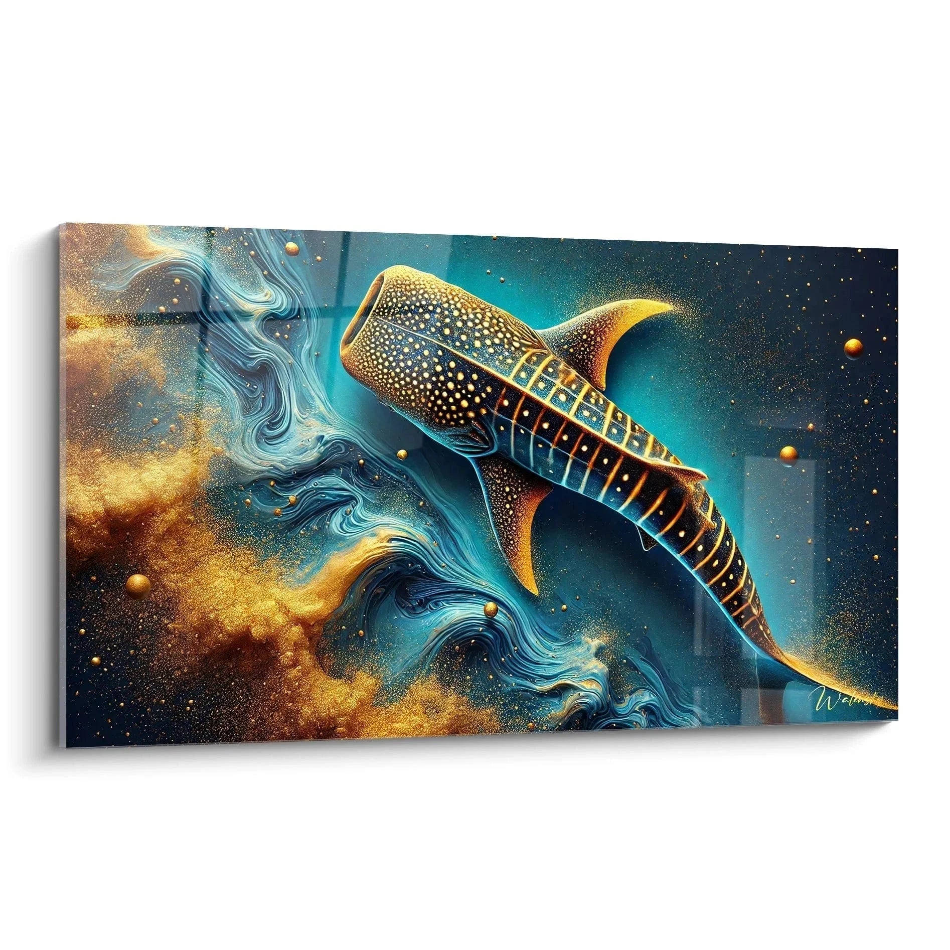 Wandbild Walhai im Kosmos mit goldenen Sternen und türkisen Galaxien - Edition Wal Wandkunst