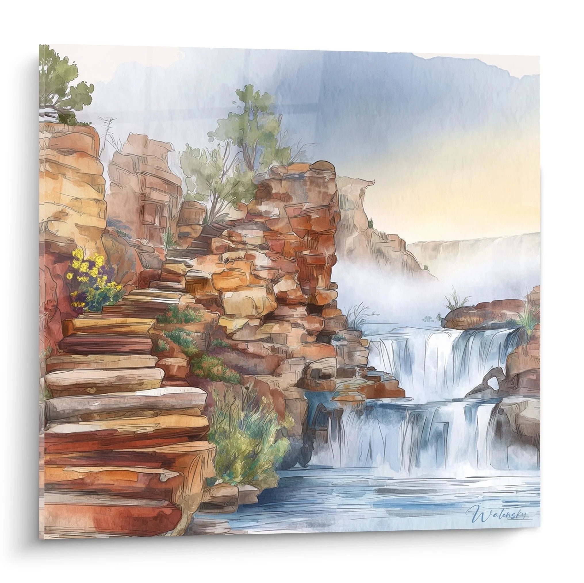 Wandbild Wasserfälle mit Felslandschaft in Aquarelltechnik, mehrstufige Kaskaden über Sandsteinformationen