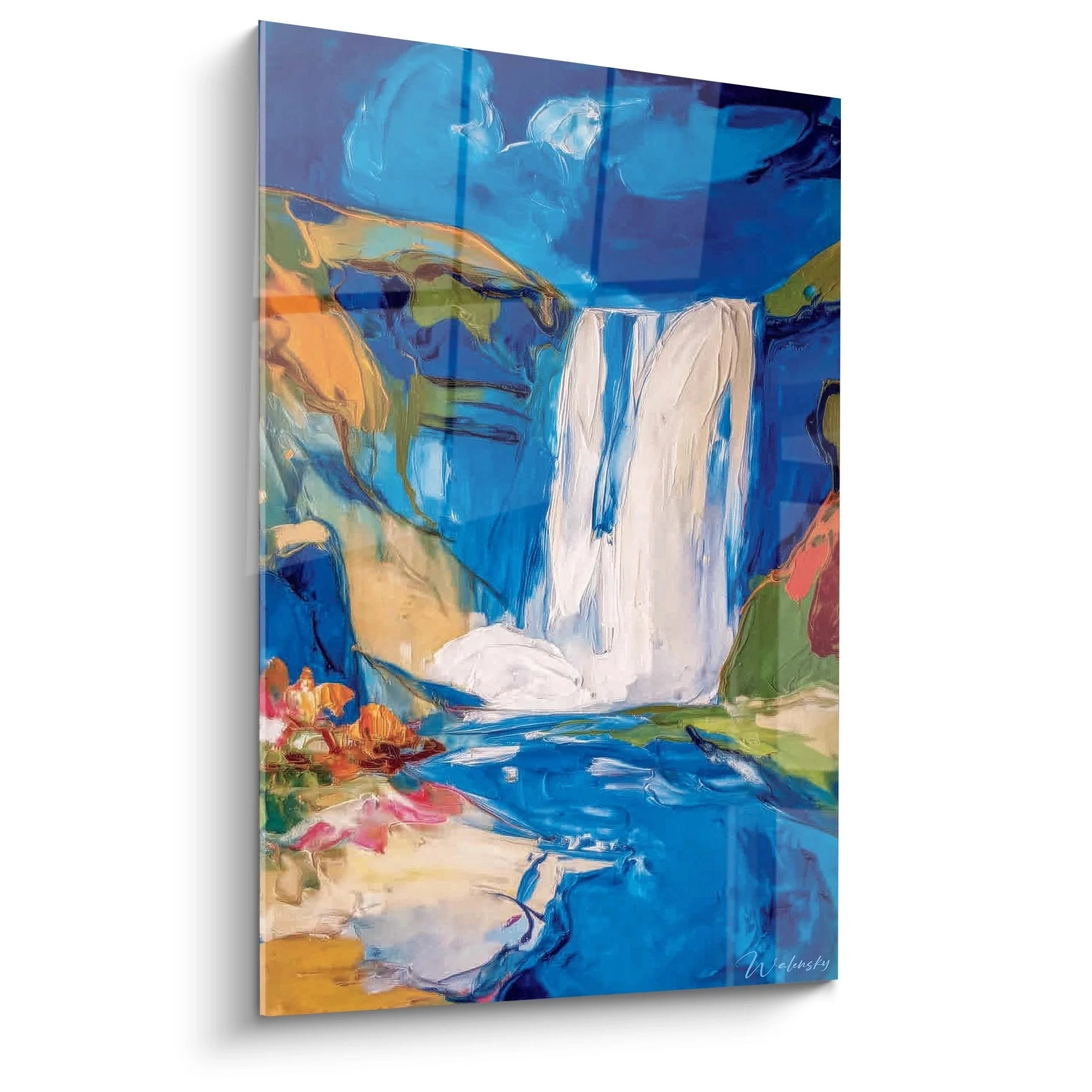 Abstraktes Wandbild Wasserfall in Blau mit weißem Wasserfall und bunter Berglandschaft