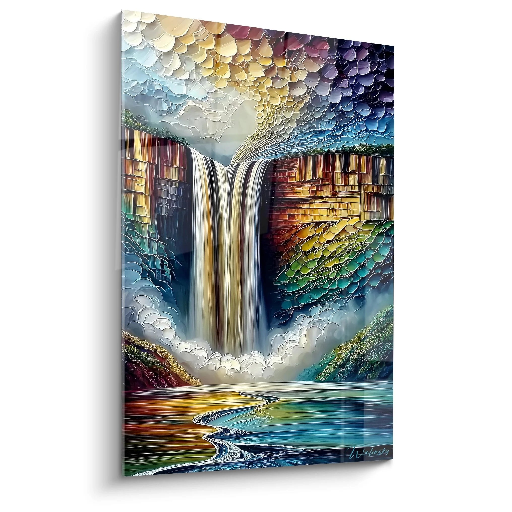 Abstraktes Wandbild Wasserfall mit geometrischen Schuppen-Strukturen und leuchtenden Farben