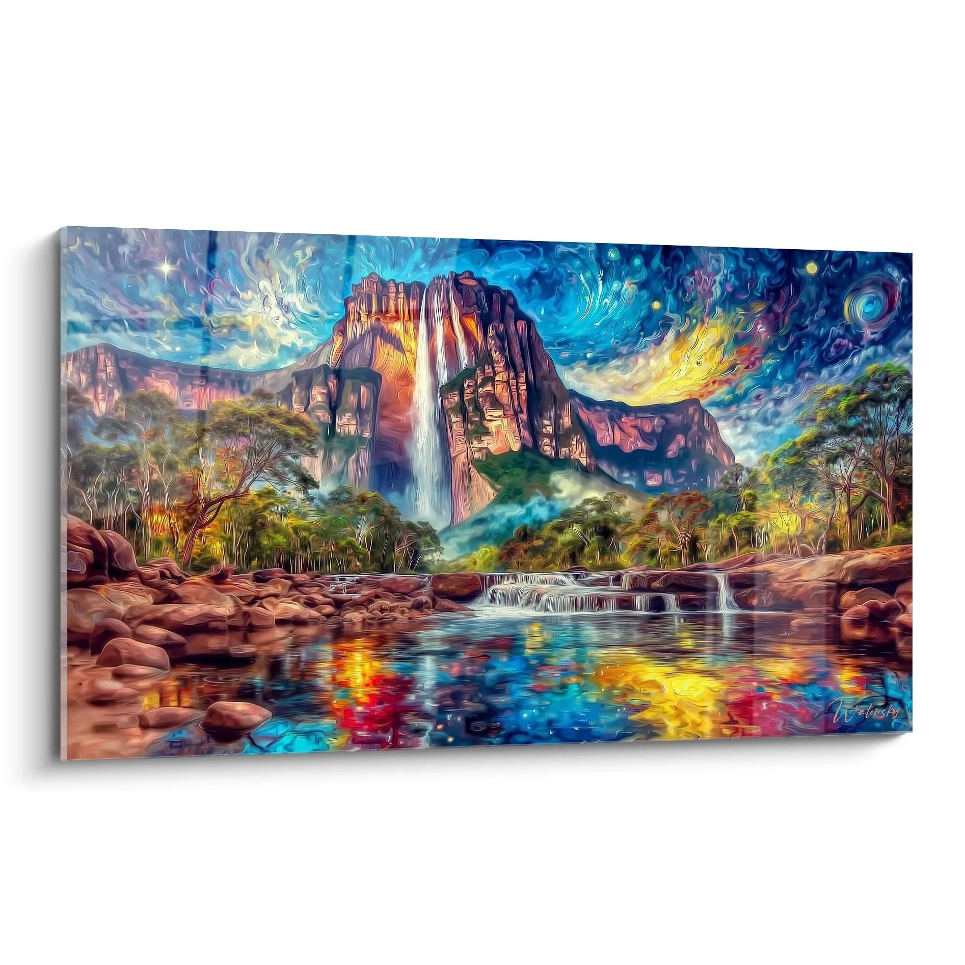 Wandbild Wasserfall Angel Falls im Van Gogh Stil mit wirbelndem Sternenhimmel und tropischer Landschaft