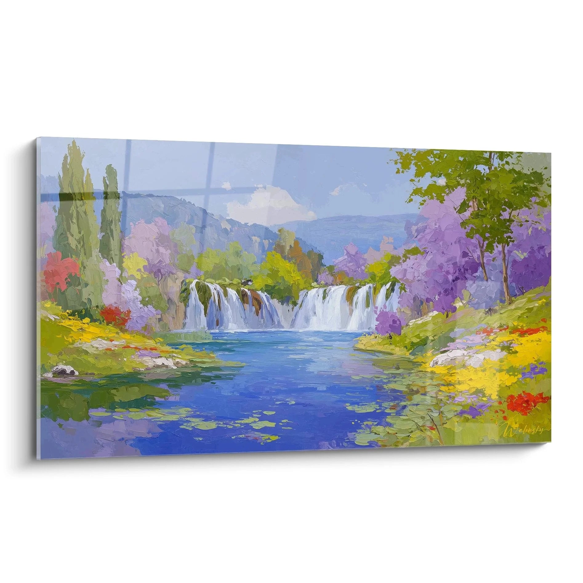 Wandbild Wasserfall mit paradiesischer Berglandschaft und türkisblauem See - Edition Wasserfall