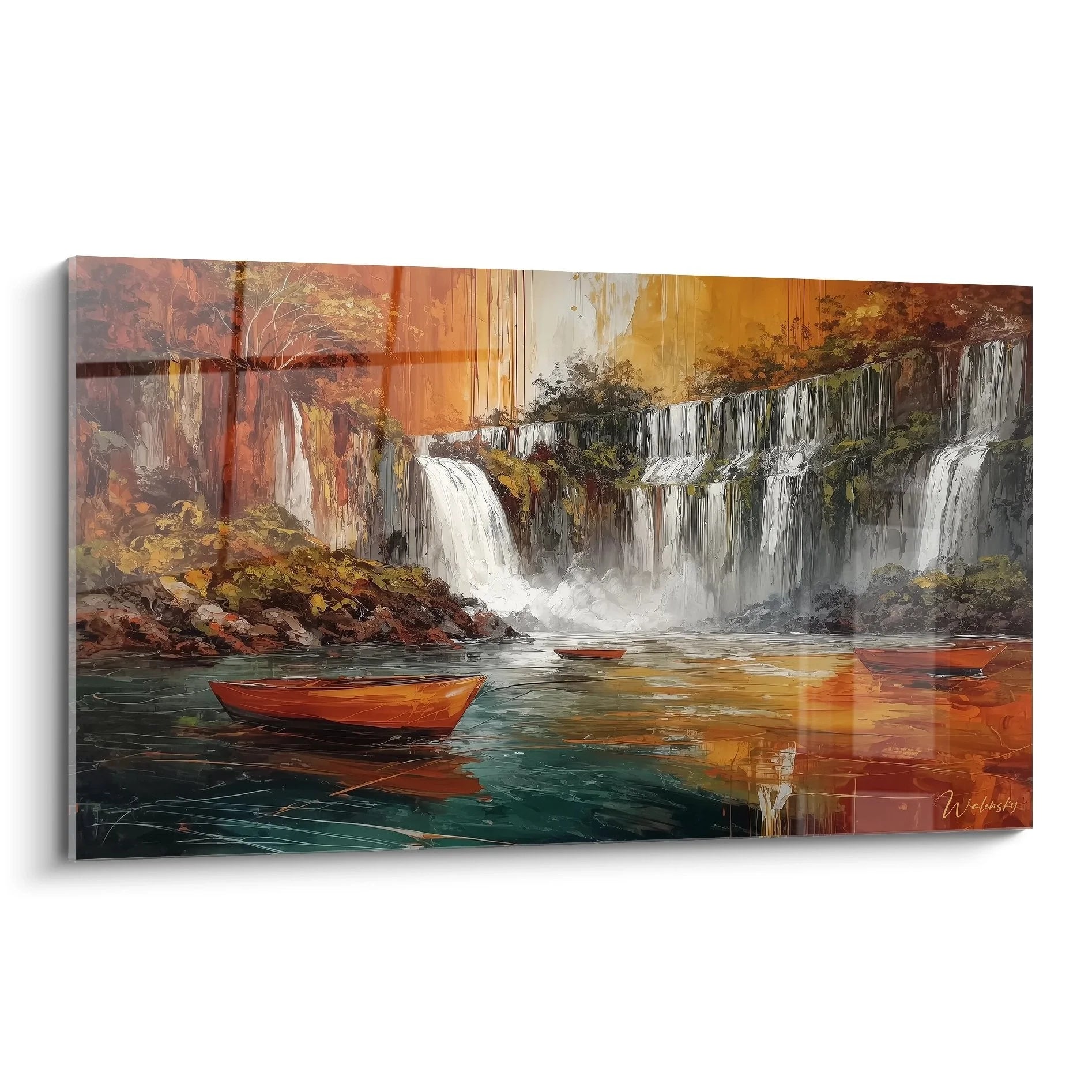 Wandbild Wasserfall mit roten Booten in herbstlicher Landschaft - Premium Leinwandbild XXL Wasserfall