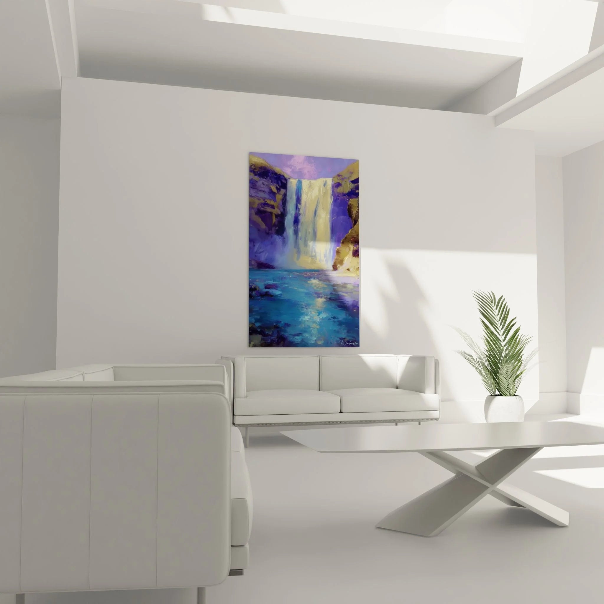 Detailansicht Wandbild Wasserfall - Impressionistische Pinselstriche in violetten und blauen Tönen